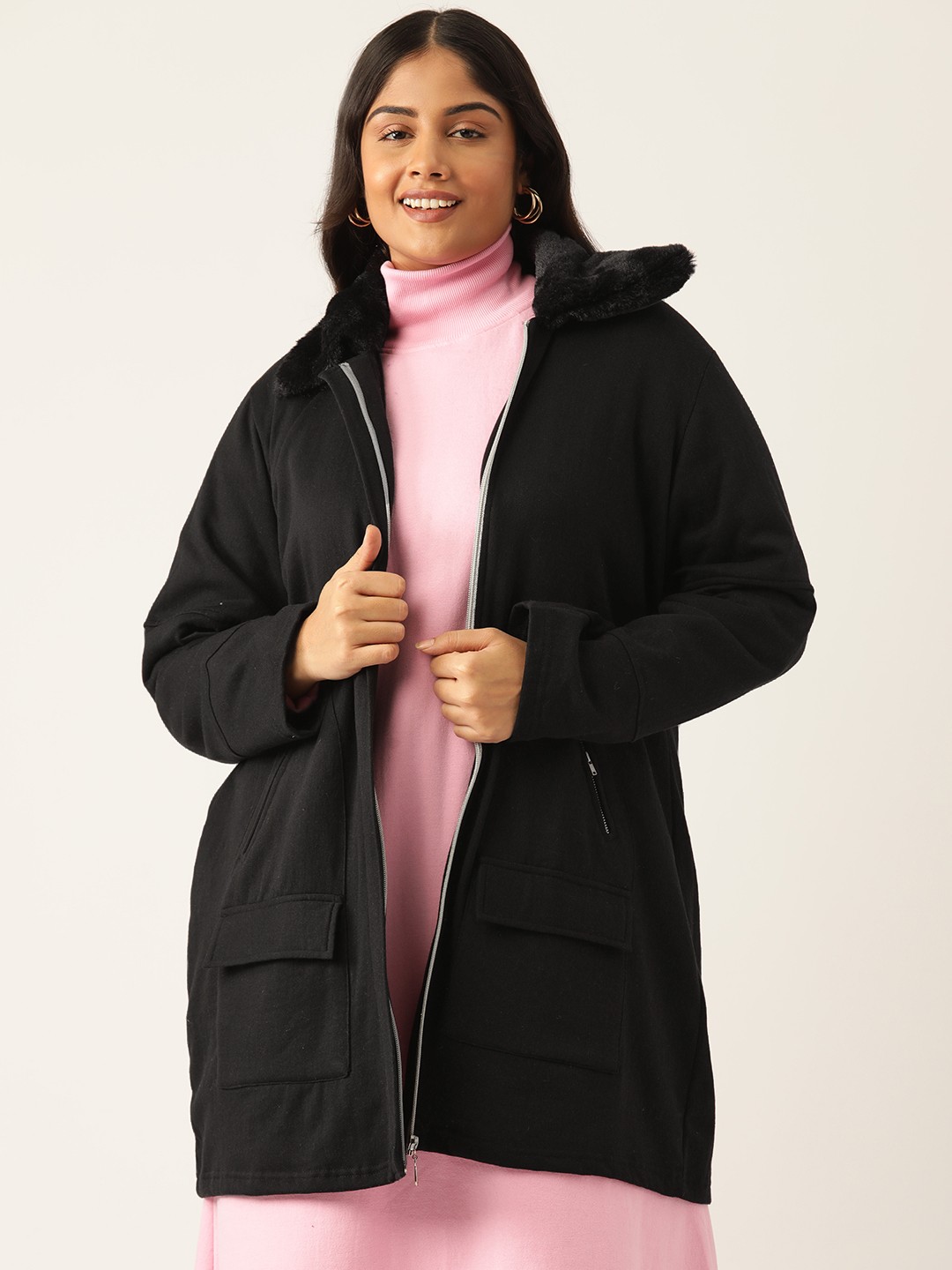 

theRebelinme Women Plus Size Fleece Longline Tailored Jacket, Black