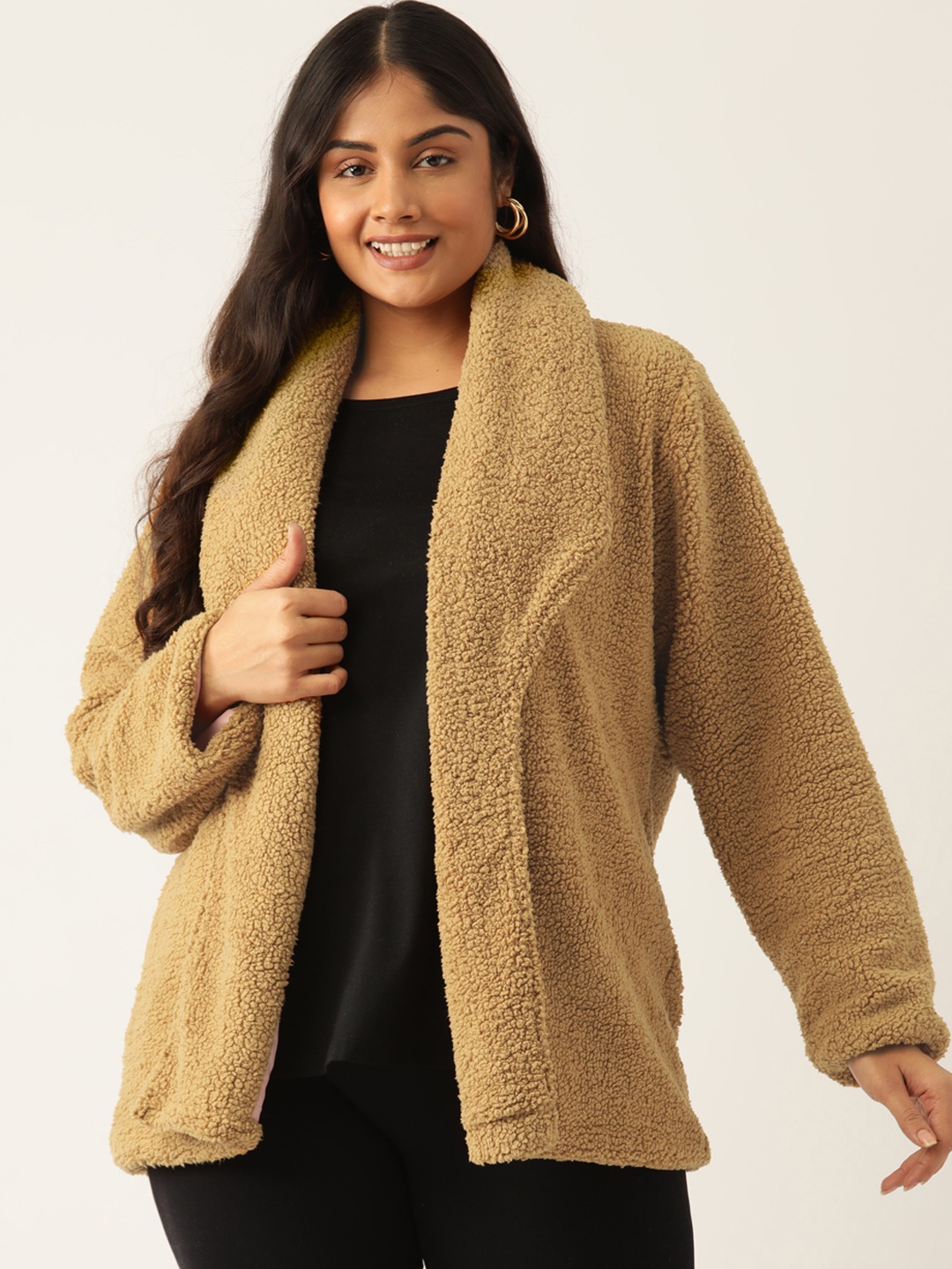 

theRebelinme Women Plus Size Longline Open Front Jacket, Camel brown