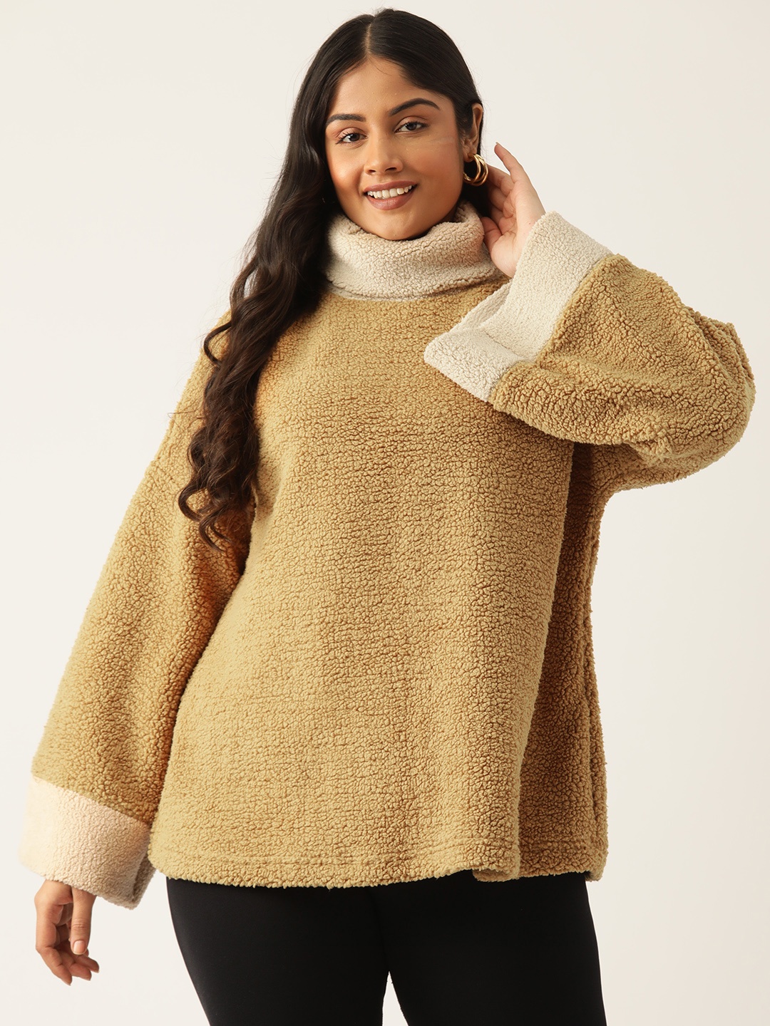 

theRebelinme Plus Size Colourblocked Turtle Neck Sweatshirt, Camel brown