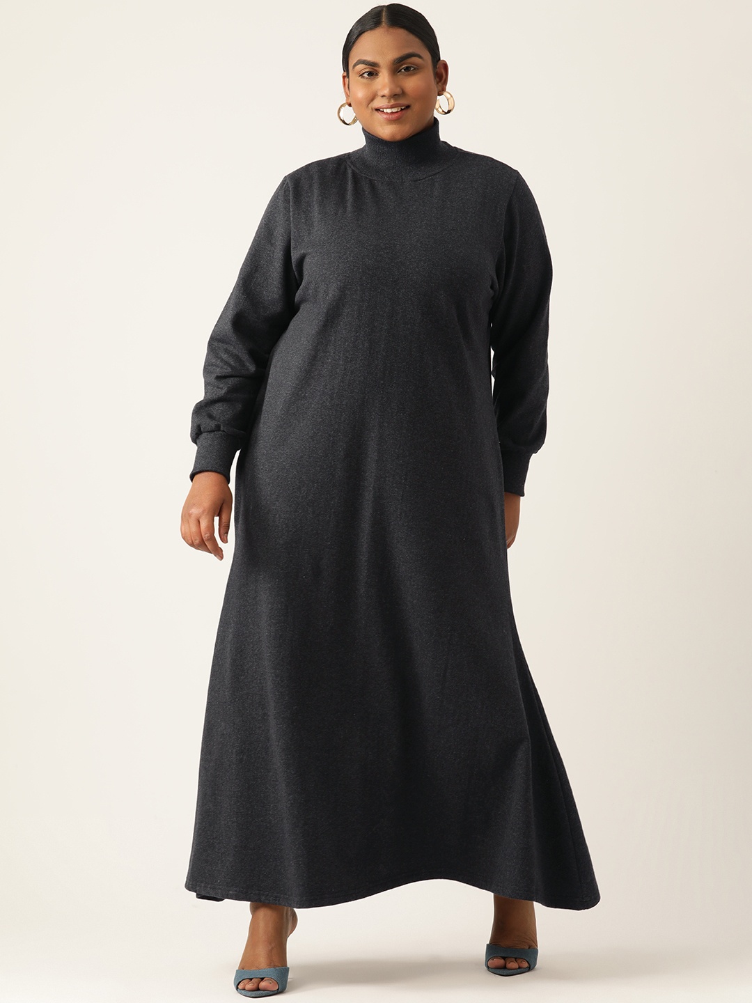 

theRebelinme Plus Size Solid Bishop Sleeve Maxi Dress, Charcoal