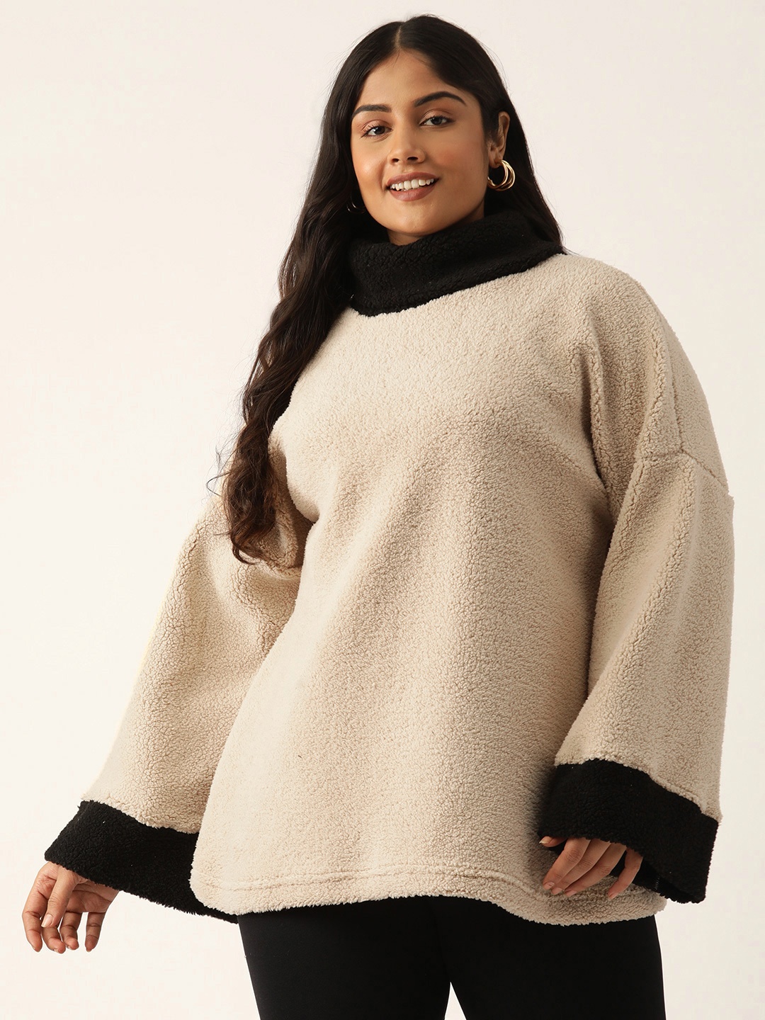 

theRebelinme Plus Size Colourblocked Turtle Neck Sweatshirt, Off white