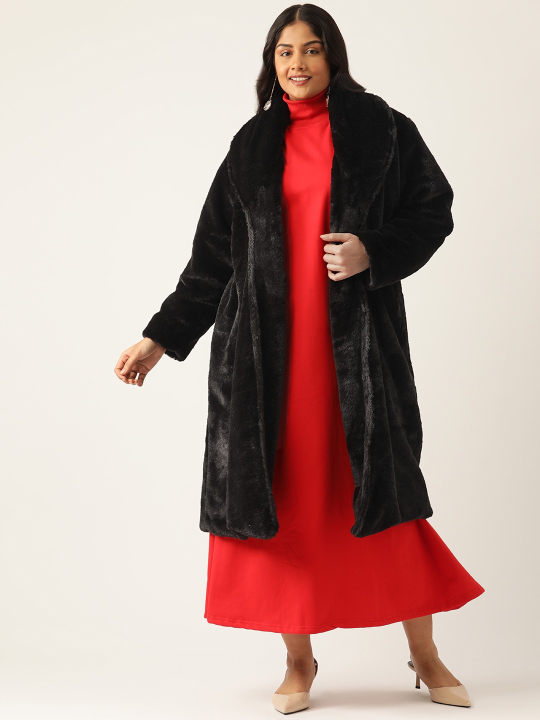 

theRebelinme Women Solid Faux Fur Lightweight Longline Open Front Jacket, Black