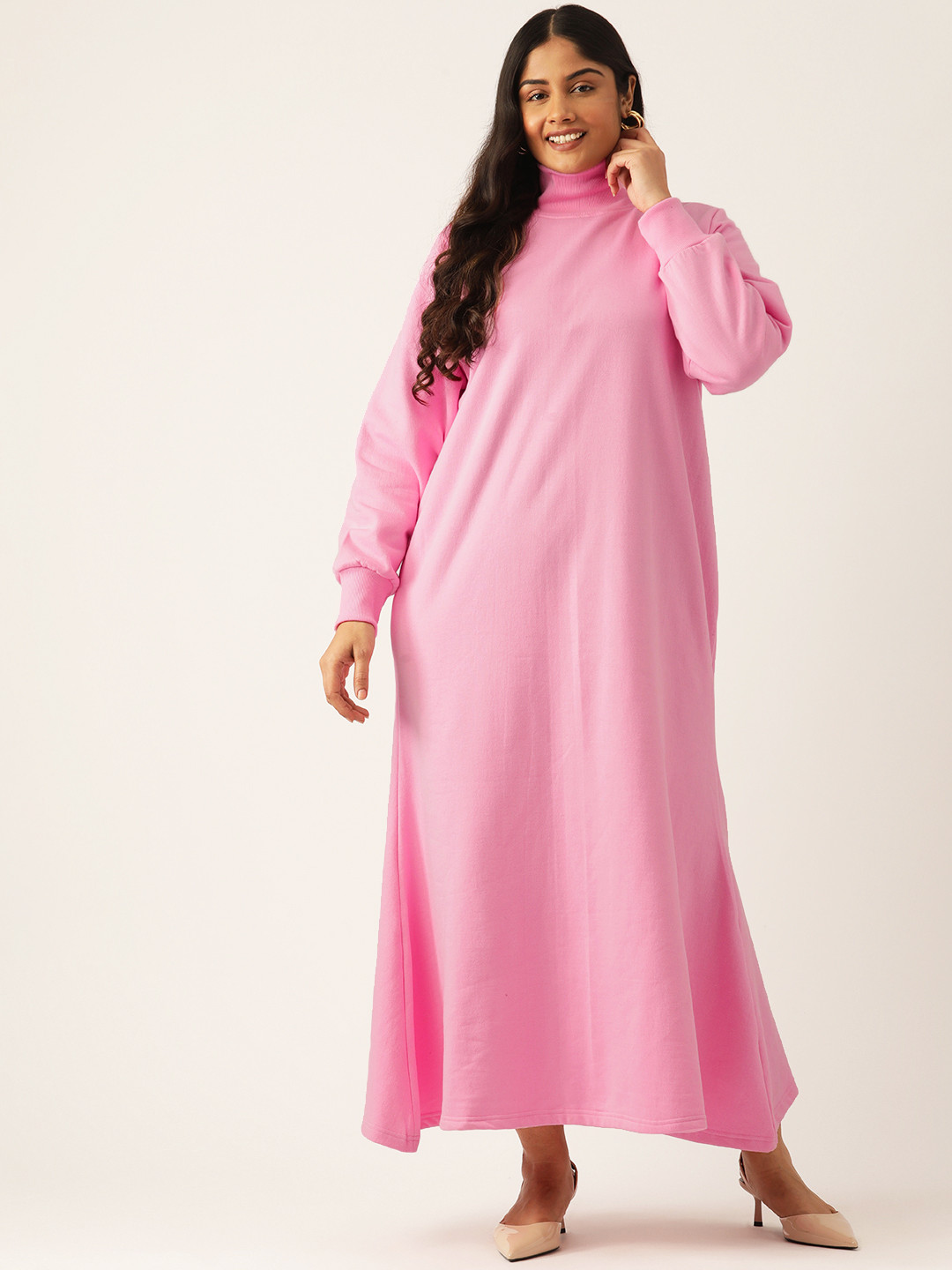 

theRebelinme Plus Size Solid Bishop Sleeve Maxi Dress, Pink