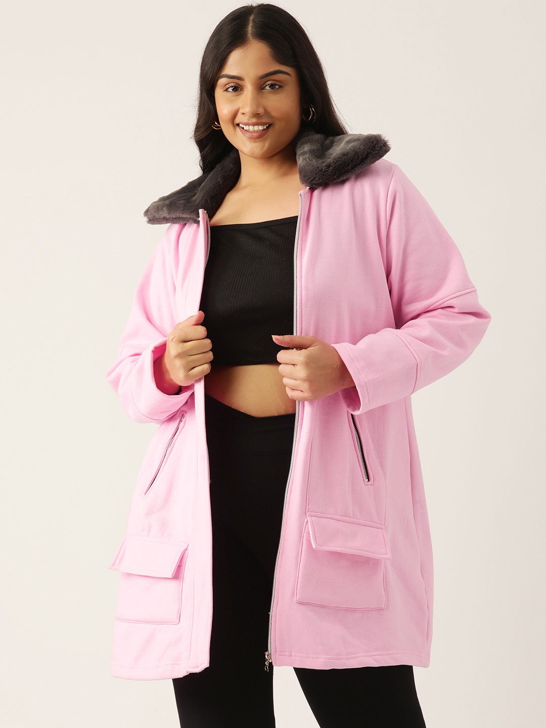 

theRebelinme Women Plus Size Fleece Longline Tailored Jacket, Pink