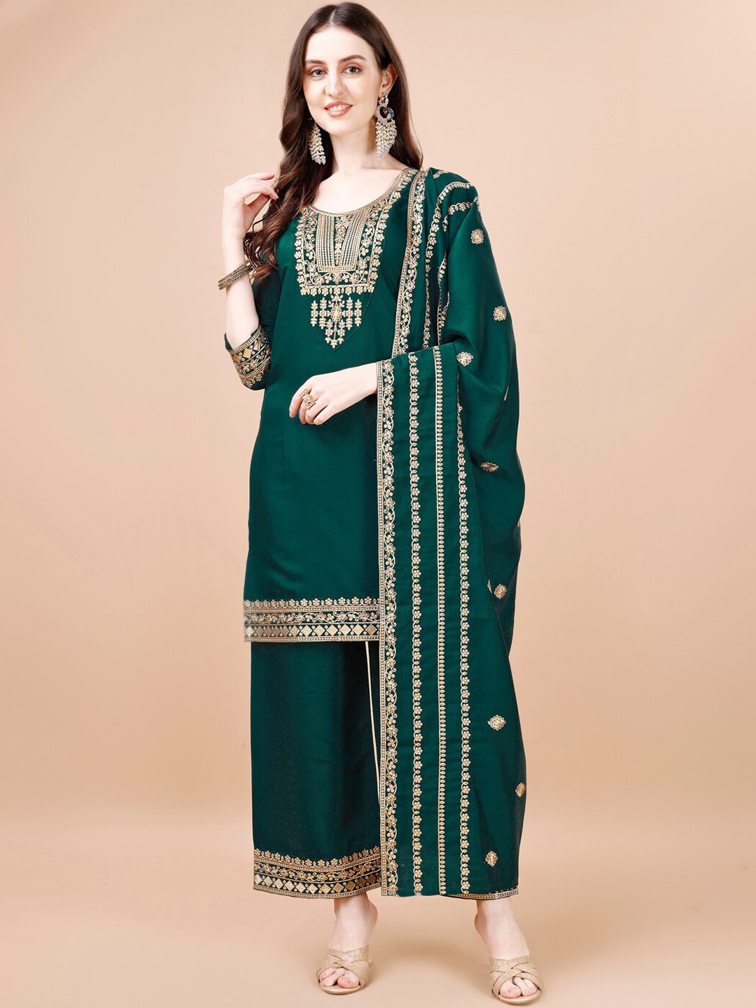

KALINI Ethnic Motifs Embroidered Straight Kurta With Palazzos & Dupatta, Green