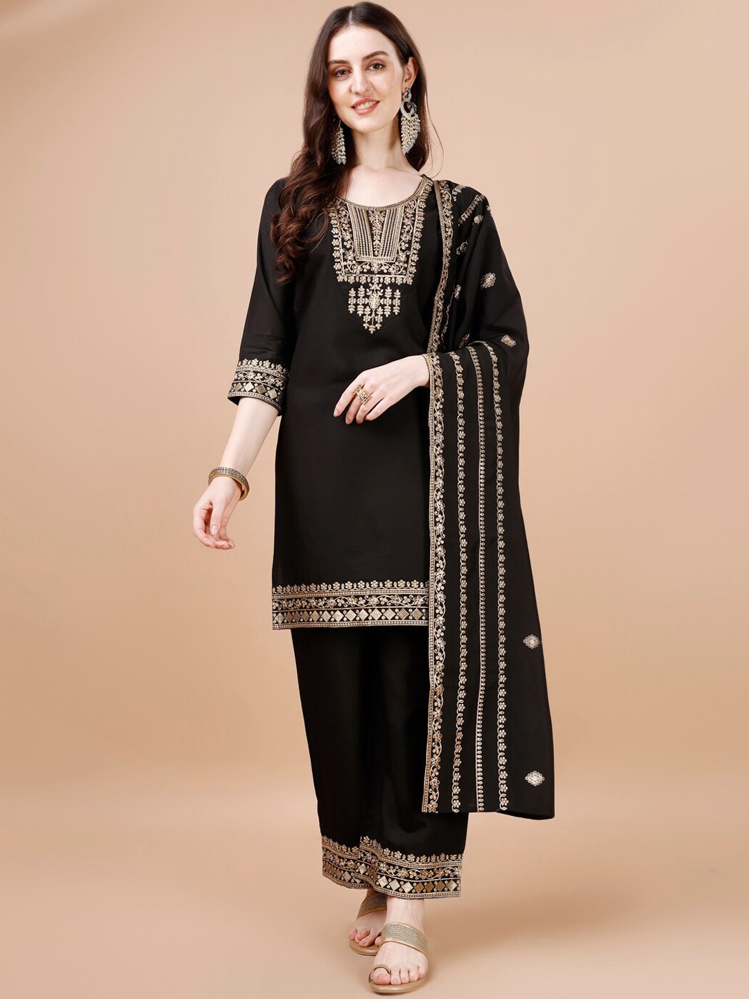 

KALINI Ethnic Motifs Embroidered Straight Kurta With Palazzos & Dupatta, Black