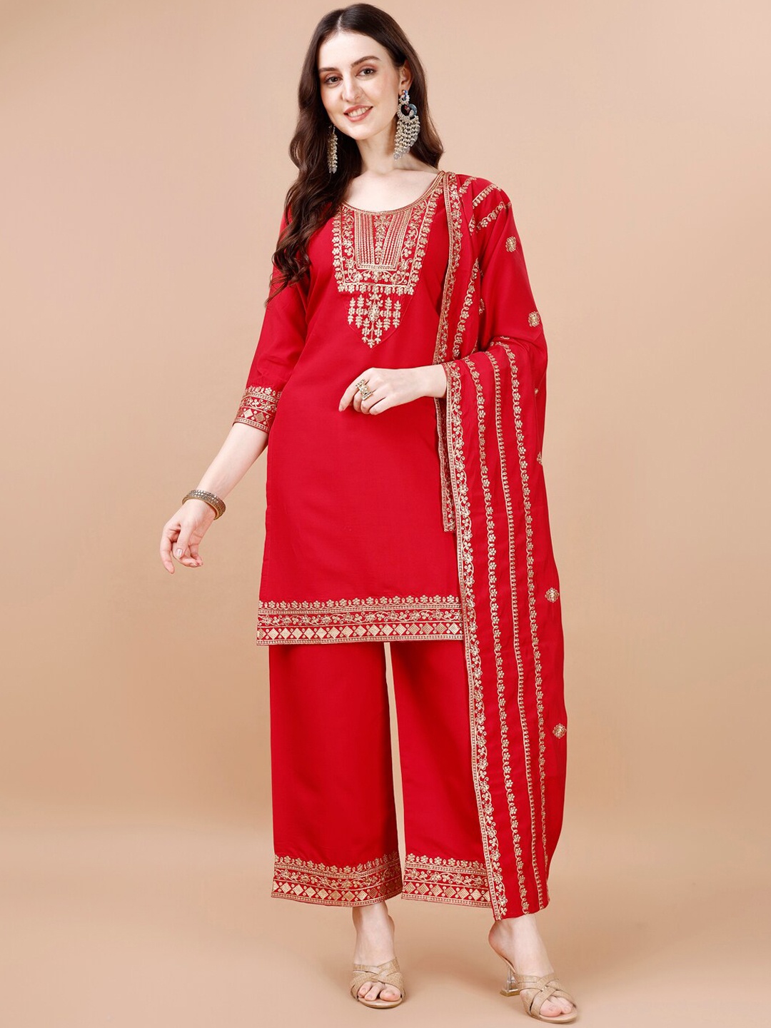 

KALINI Ethnic Motifs Embroidered Straight Kurta With Palazzos & Dupatta, Red