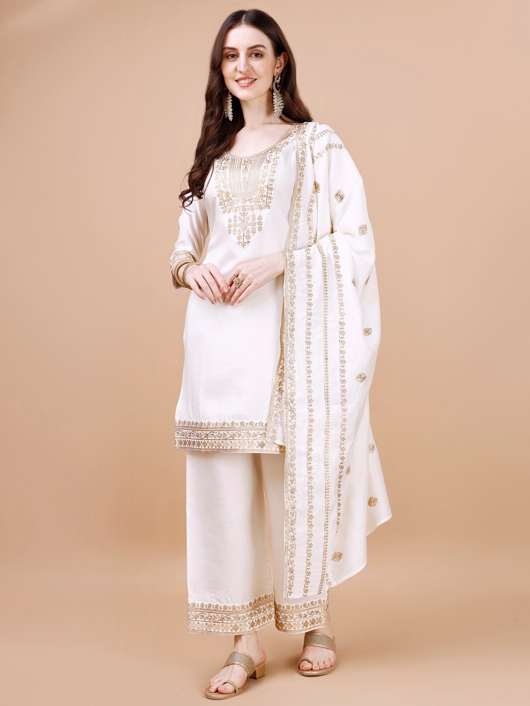 

KALINI Ethnic Motifs Embroidered Regular Kurta with Palazzos & Dupatta, White