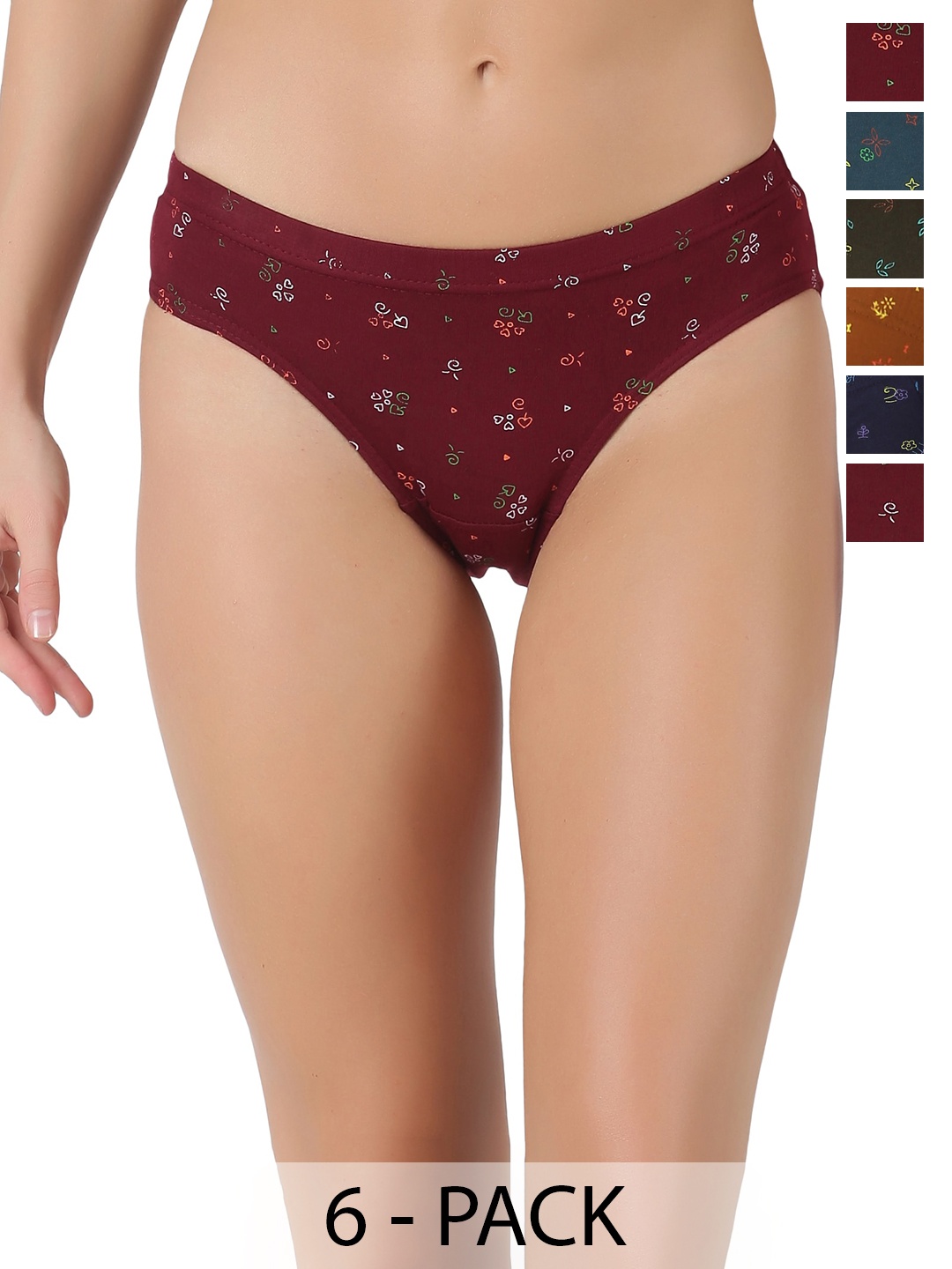 

Dollar Women Pack Of 6 Printed Pure Cotton Hipster Briefs MLHPT-01P-PO6-ASST, Maroon
