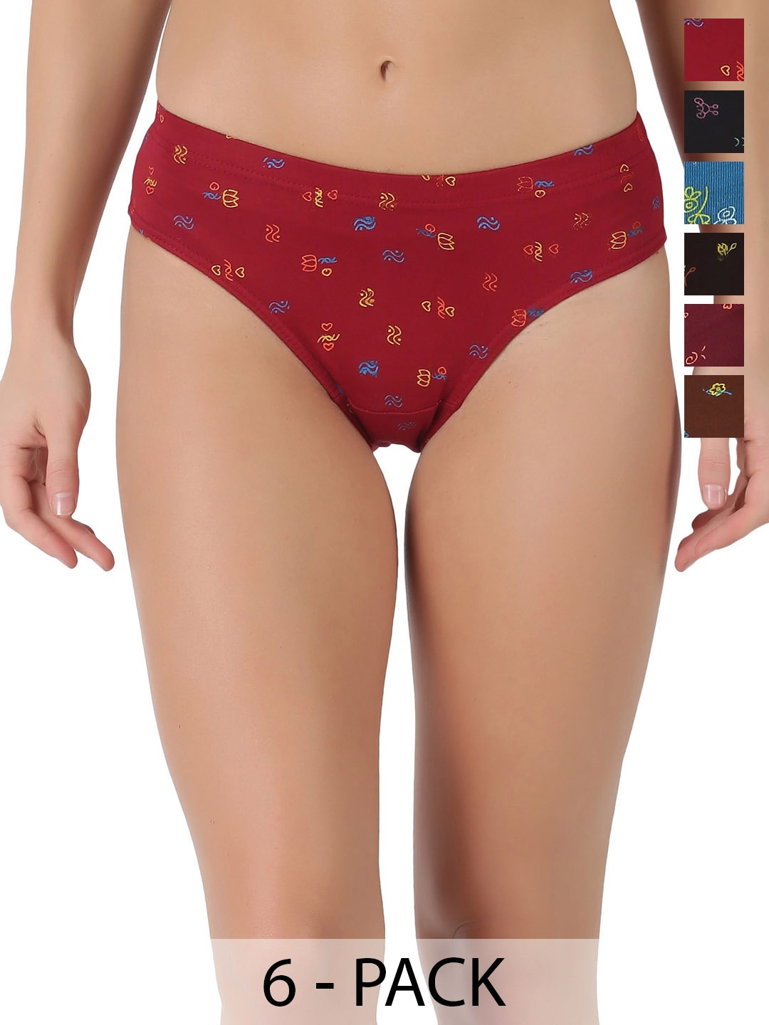 

Dollar Women Pack Of 6 Printed Pure Cotton Hipster Briefs MLHPT-01P-PO6-ASST1, Red