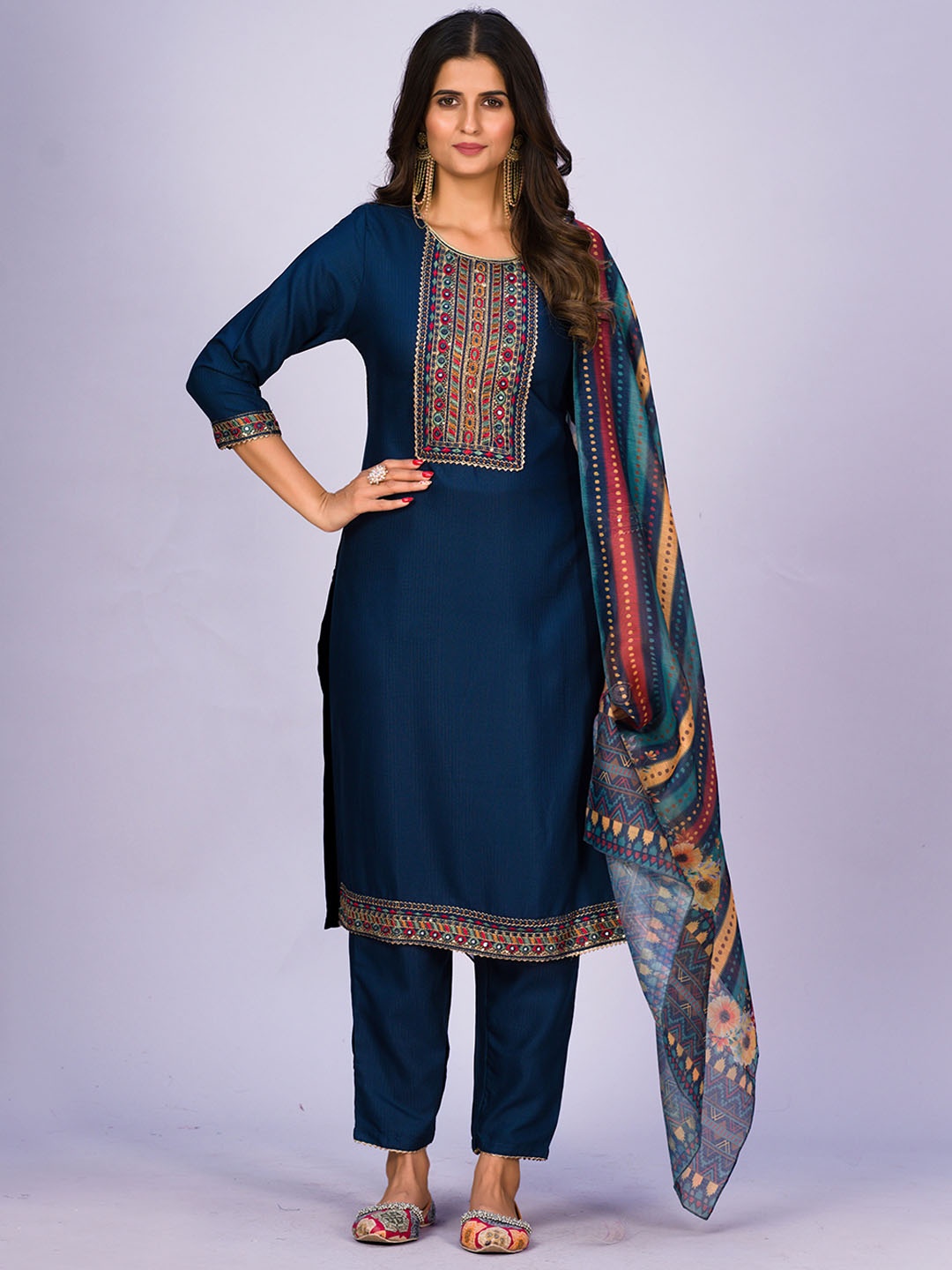 

KALINI Embroidered Regular Thread Work Kurta with Trousers & Dupatta, Navy blue
