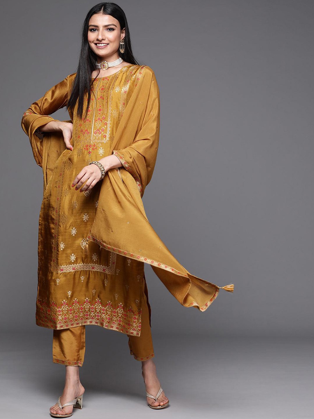 

KALINI Ethnic Printed Straight Thread Work Kurta With Trousers & Dupatta, Mustard