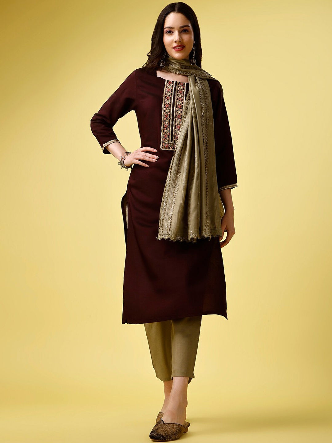 

KALINI Embroidered Regular Thread Work Kurta with Trousers & Dupatta, Purple