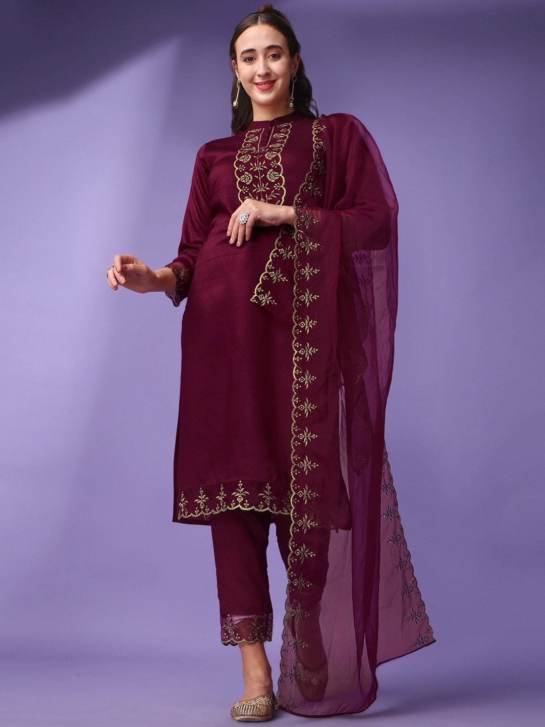 

KALINI Embroidered Regular Thread Work Kurta with Trousers & Dupatta, Purple