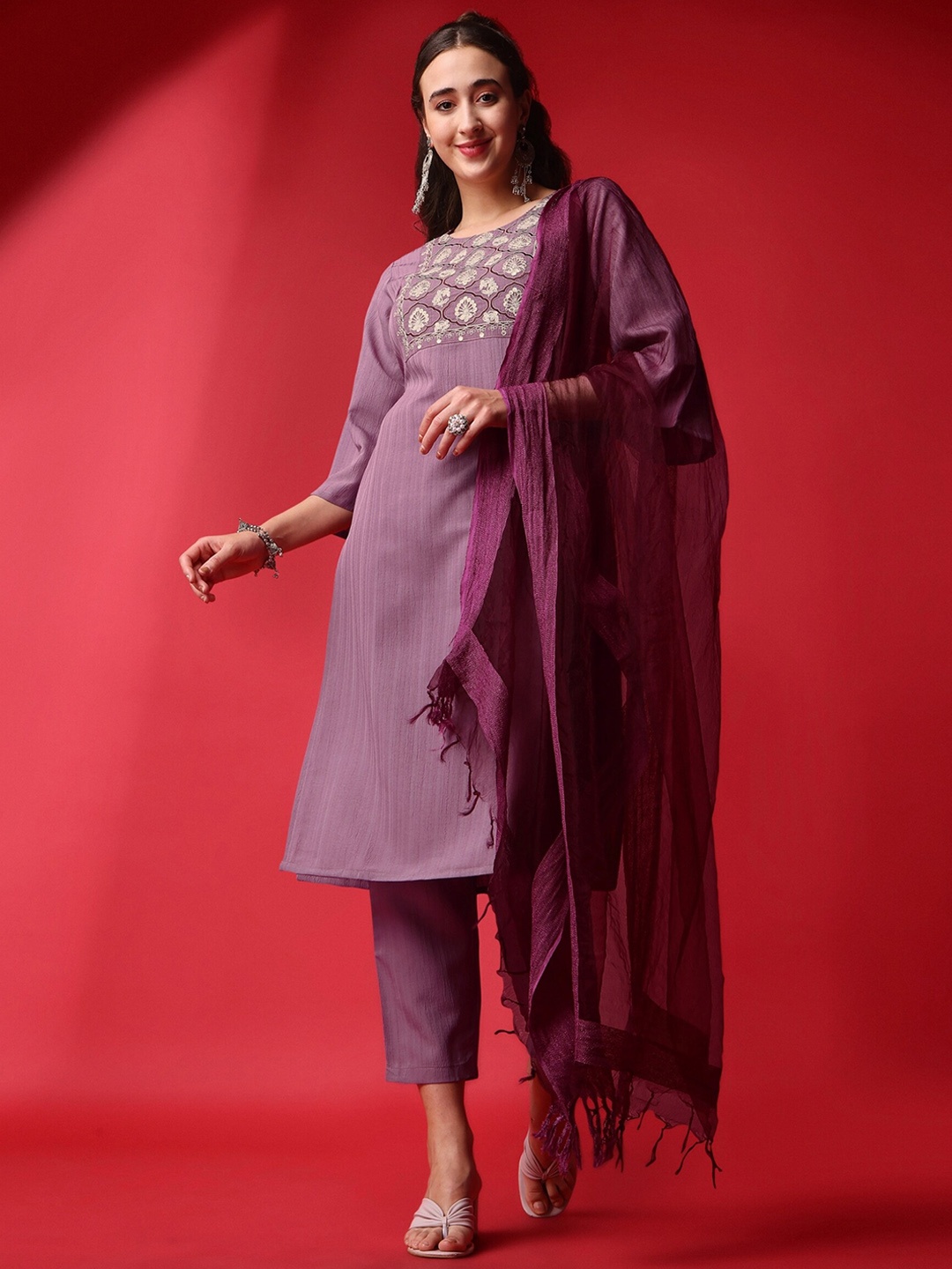 

KALINI Ethnic Embroidered Straight Kurta With Trousers & Dupatta, Purple