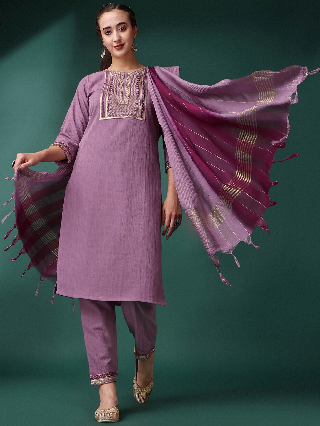 

KALINI Embroidered Regular Thread Work Kurta with Trousers & Dupatta, Purple