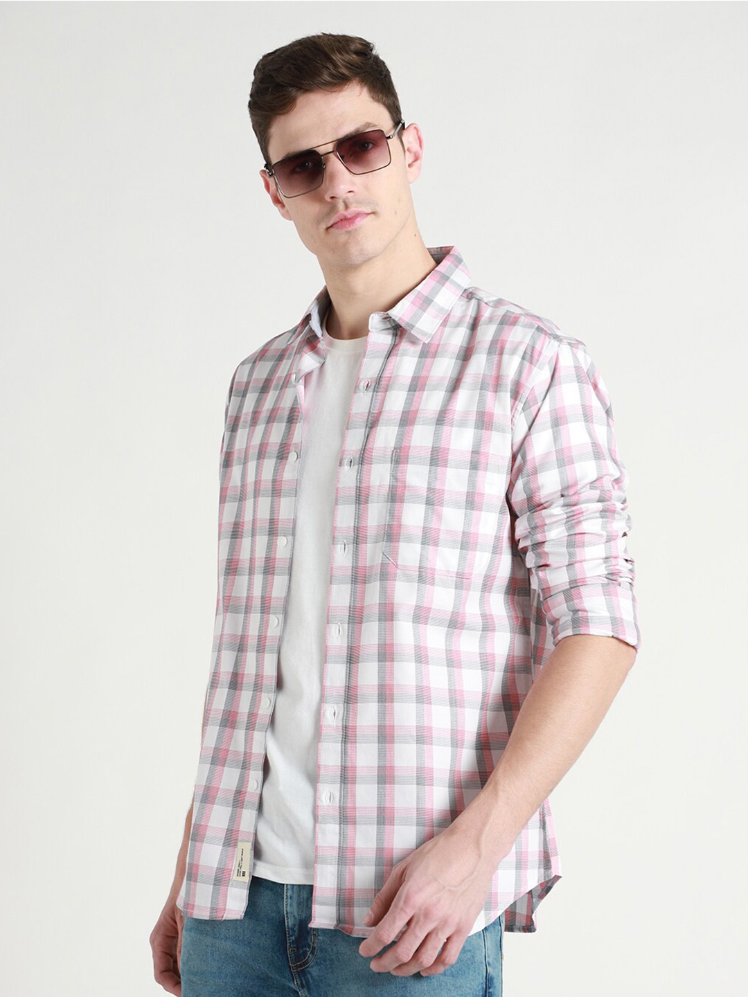 

Dennis Lingo Spread Collar Slim Fit Tartan Checks Checked Casual Shirt, White