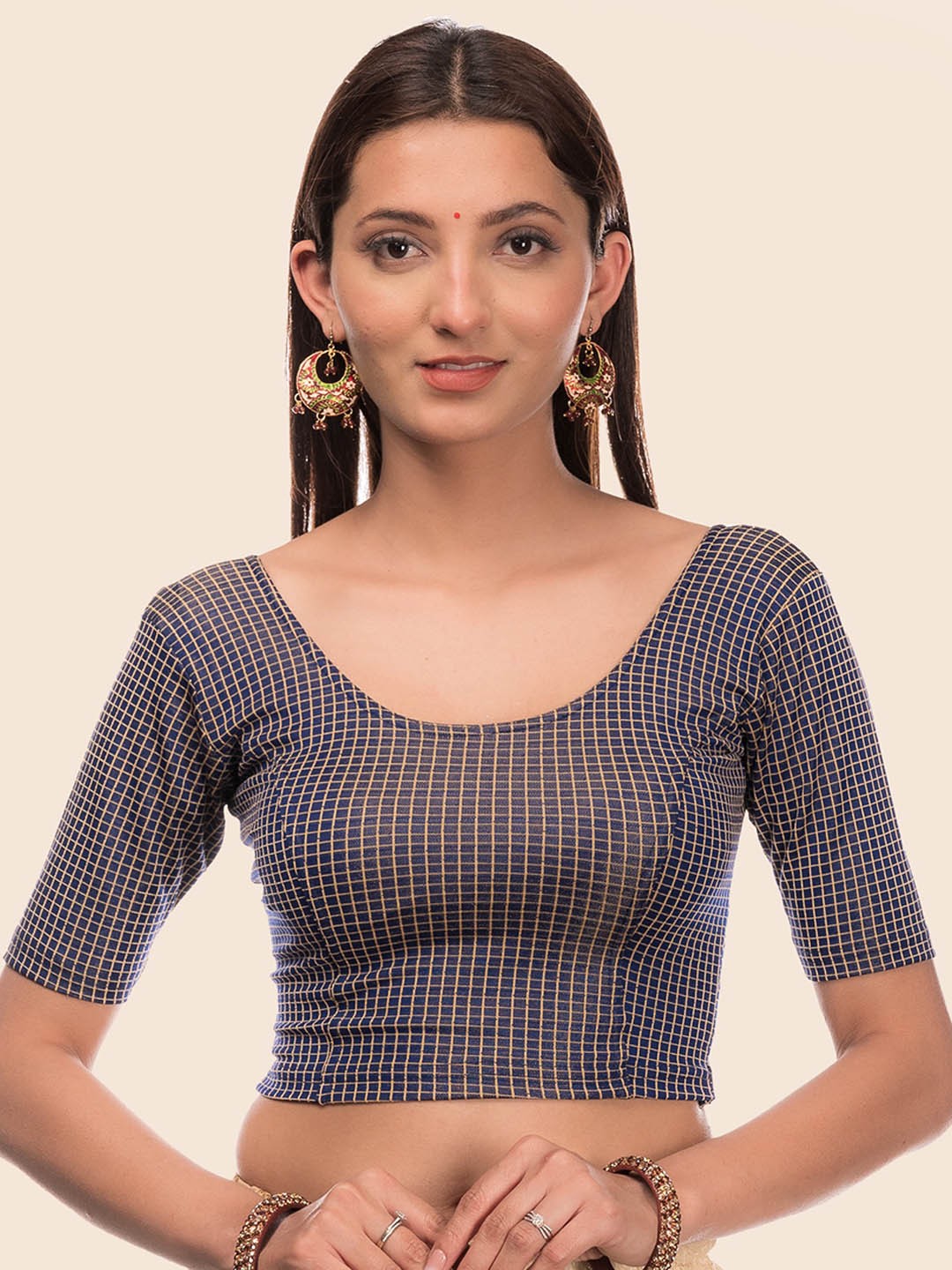 

Bindigasm's Advi Checked Jacquard Stretchable Saree Blouse, Navy blue