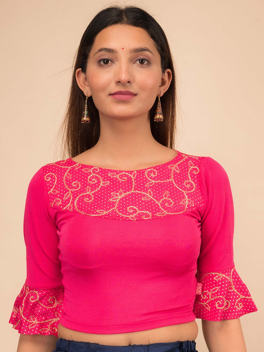 

Bindigasm's Advi Embroidered Jacquard Stretchable Saree Blouse, Pink