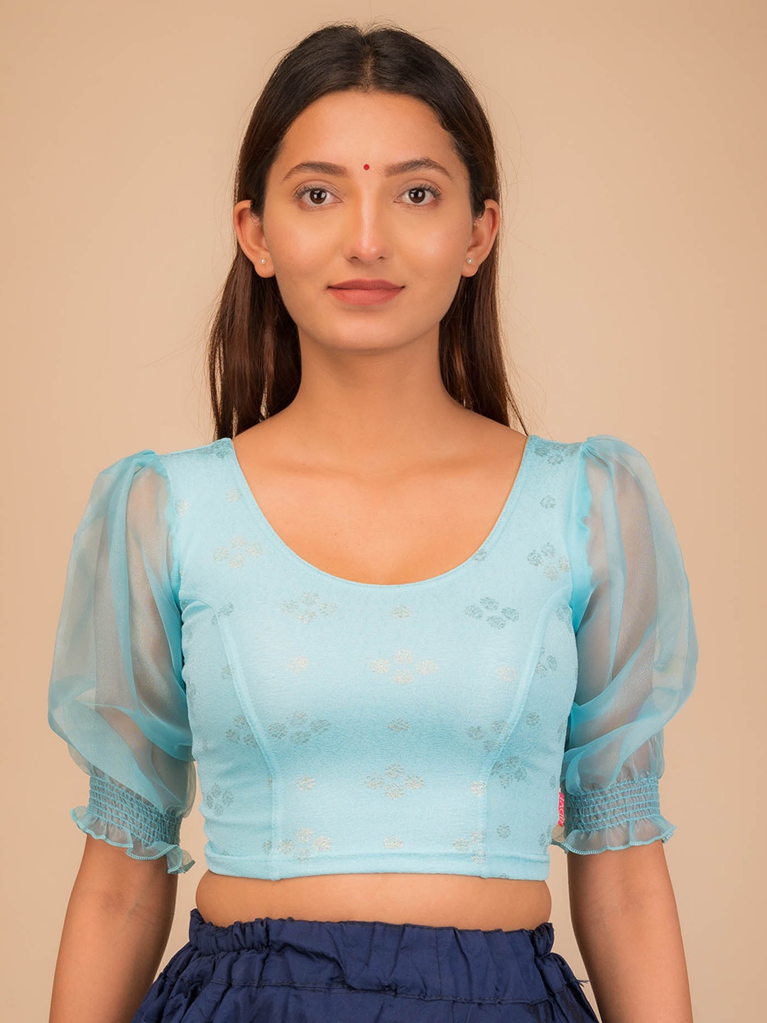 

Bindigasm's Advi Printed Jacquard Stretchable Saree Blouse, Blue