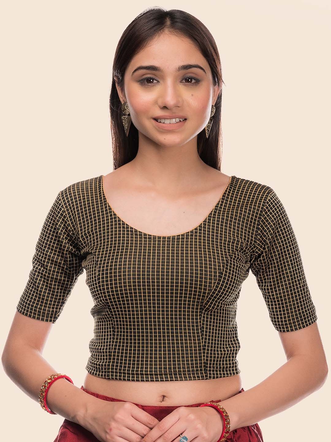

Bindigasm's Advi Checked Stretchable Saree Blouse, Black