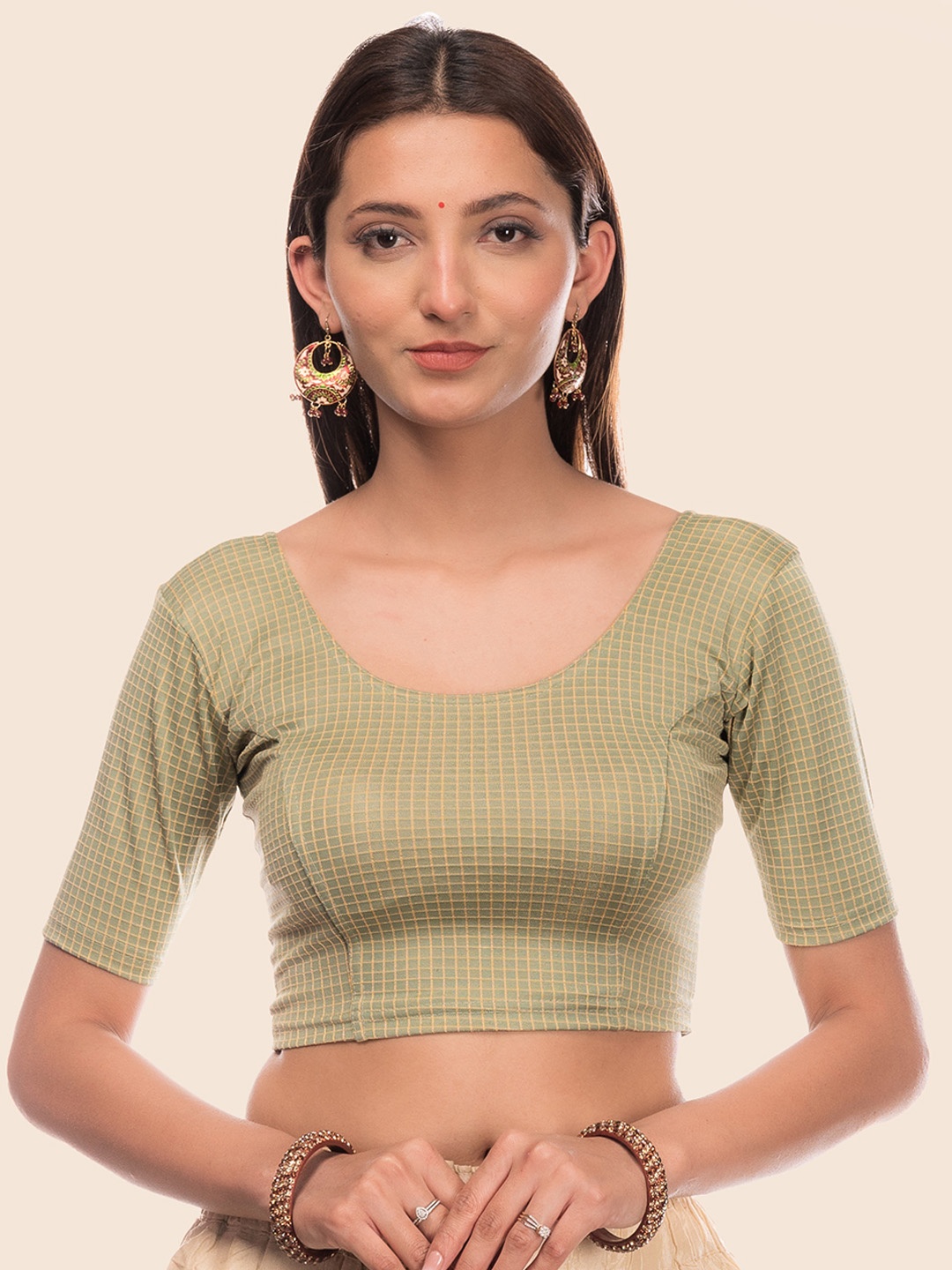 

Bindigasm's Advi Checked Jacquard Stretchable Saree Blouse, Olive