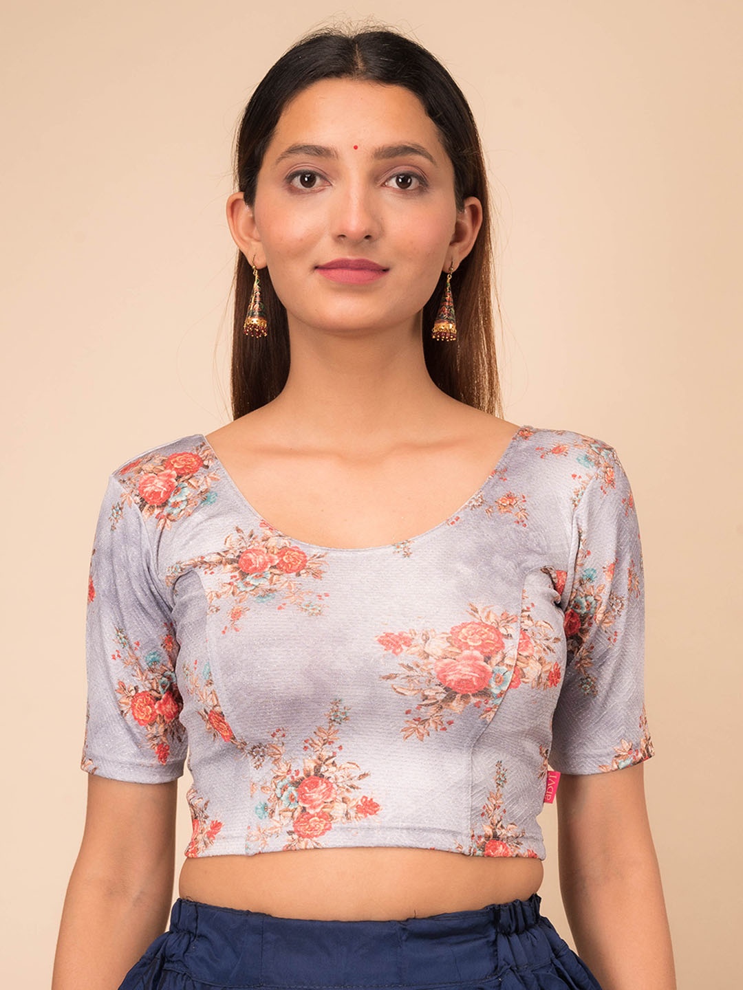 

Bindigasm's Advi Printed Stretchable Jacquard Saree Blouse, Grey