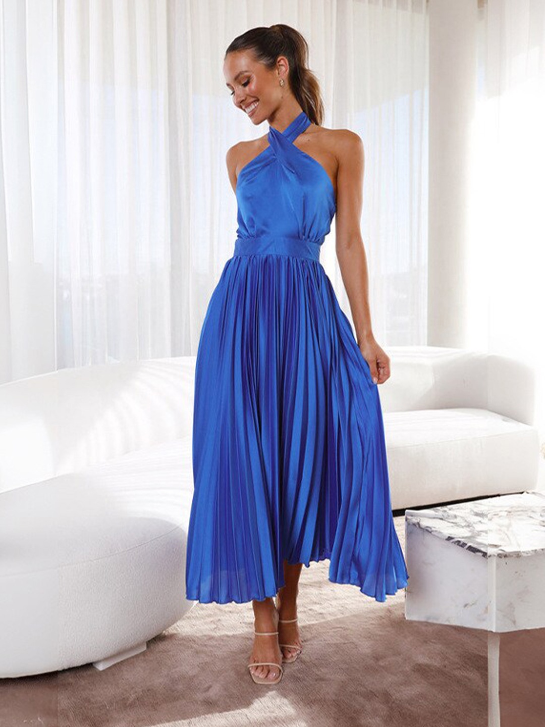 

StyleCast Halter Neck Fit and Flare Sleeveless Maxi Dress, Blue