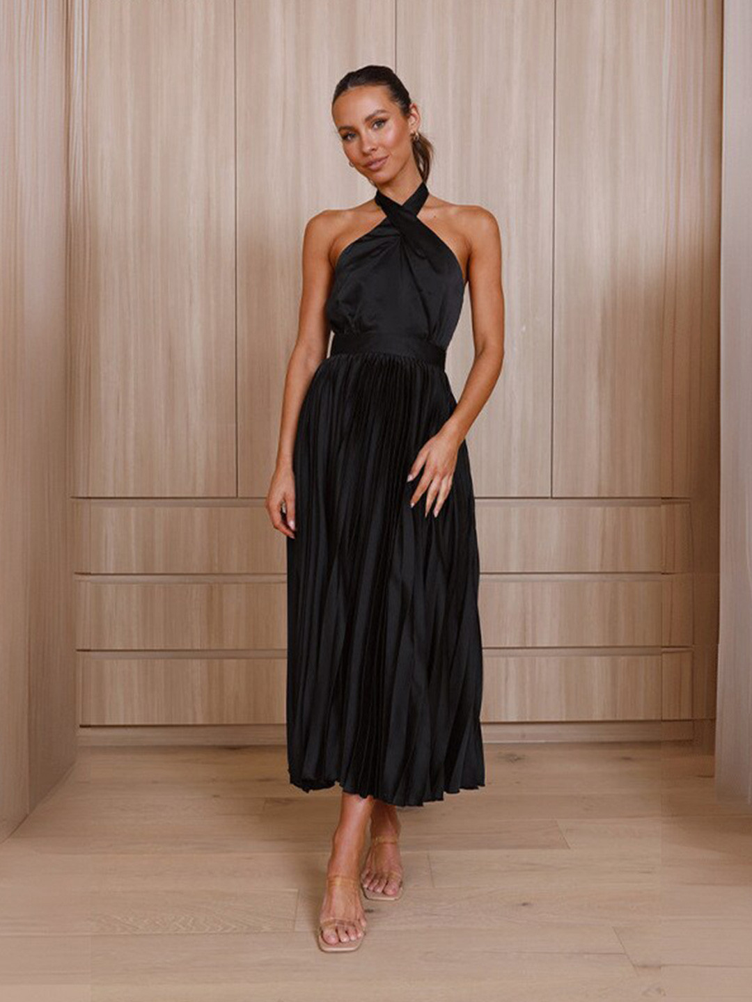 

StyleCast Halter Neck Fit and Flare Sleeveless Maxi Dress, Black