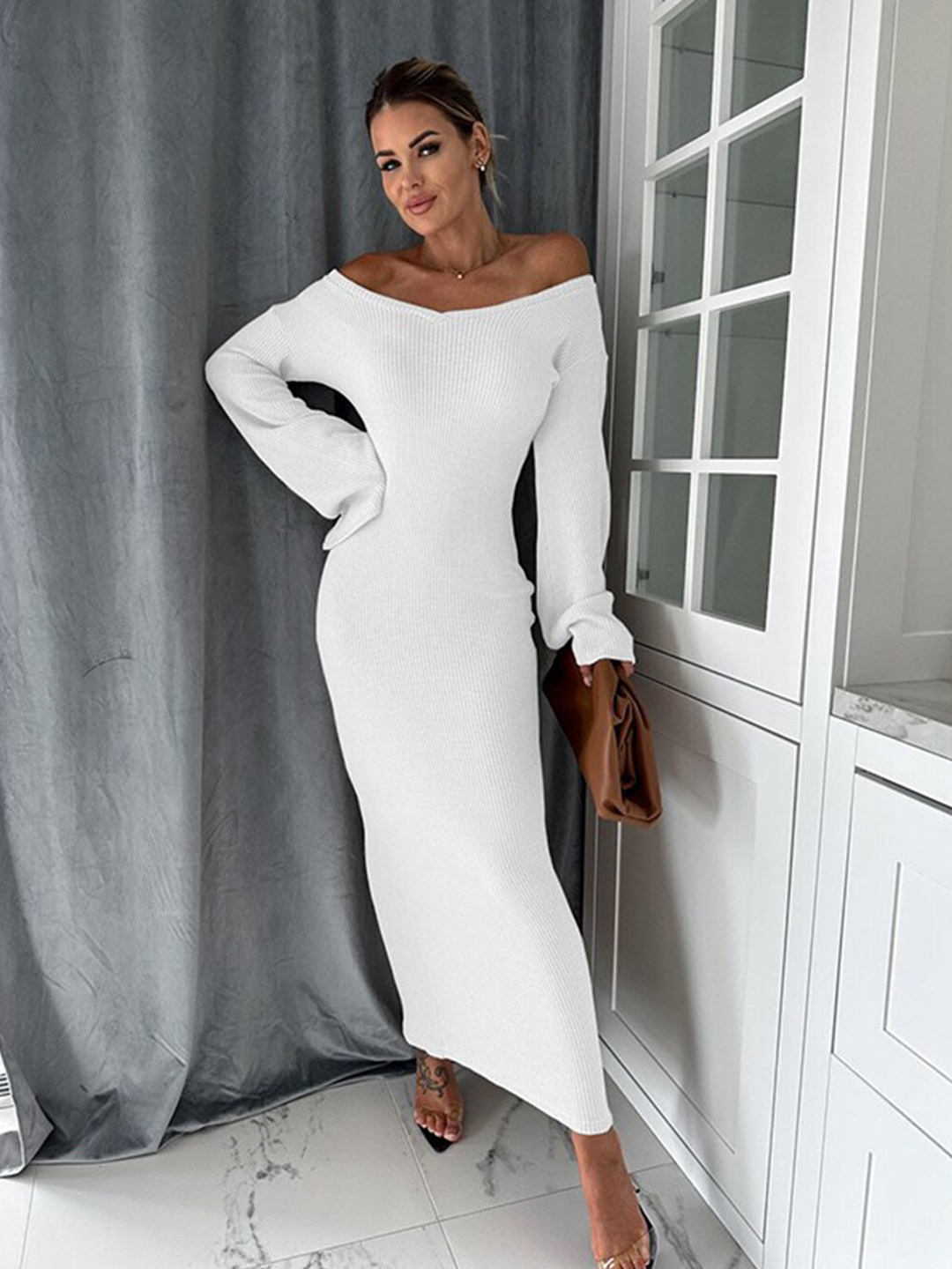 

StyleCast Half shoulder Long Sleeves Bodycon Midi Dress, White