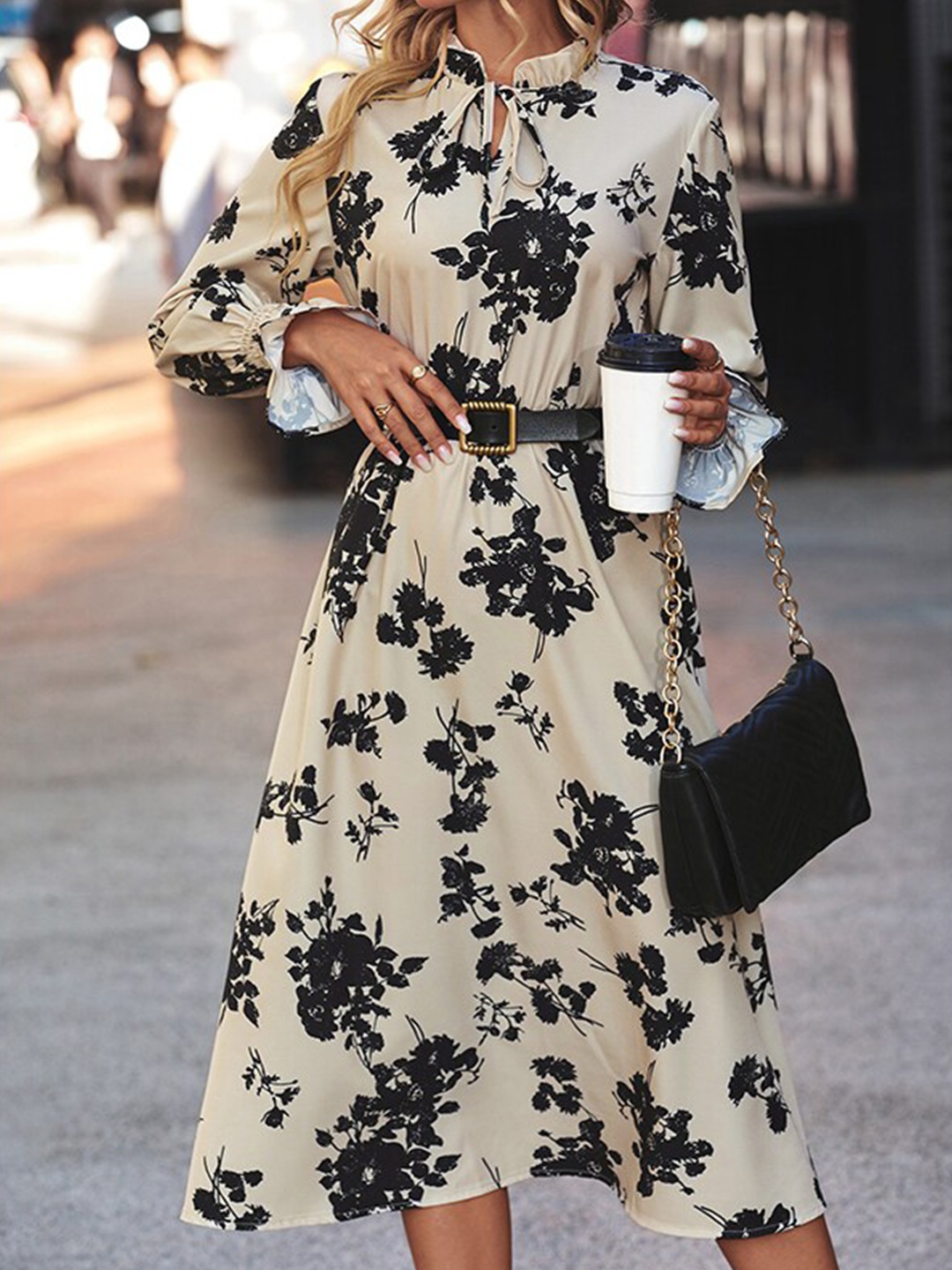 

StyleCast Floral Print Tie-Up Neck Bishop Sleeve A-Line Midi Dress with Belt, Beige