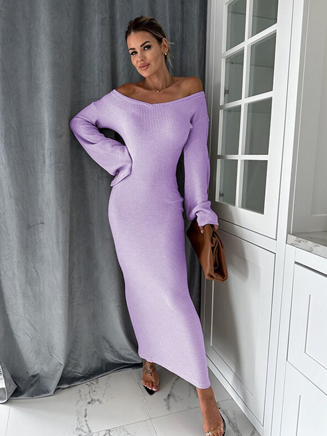 

StyleCast Half Shoulder Long Flared Sleeves Bodycon Maxi Dress, Purple