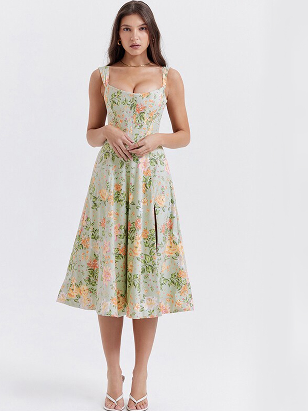 

StyleCast Floral Print Shoulder Straps A-Line Midi Dress, Green