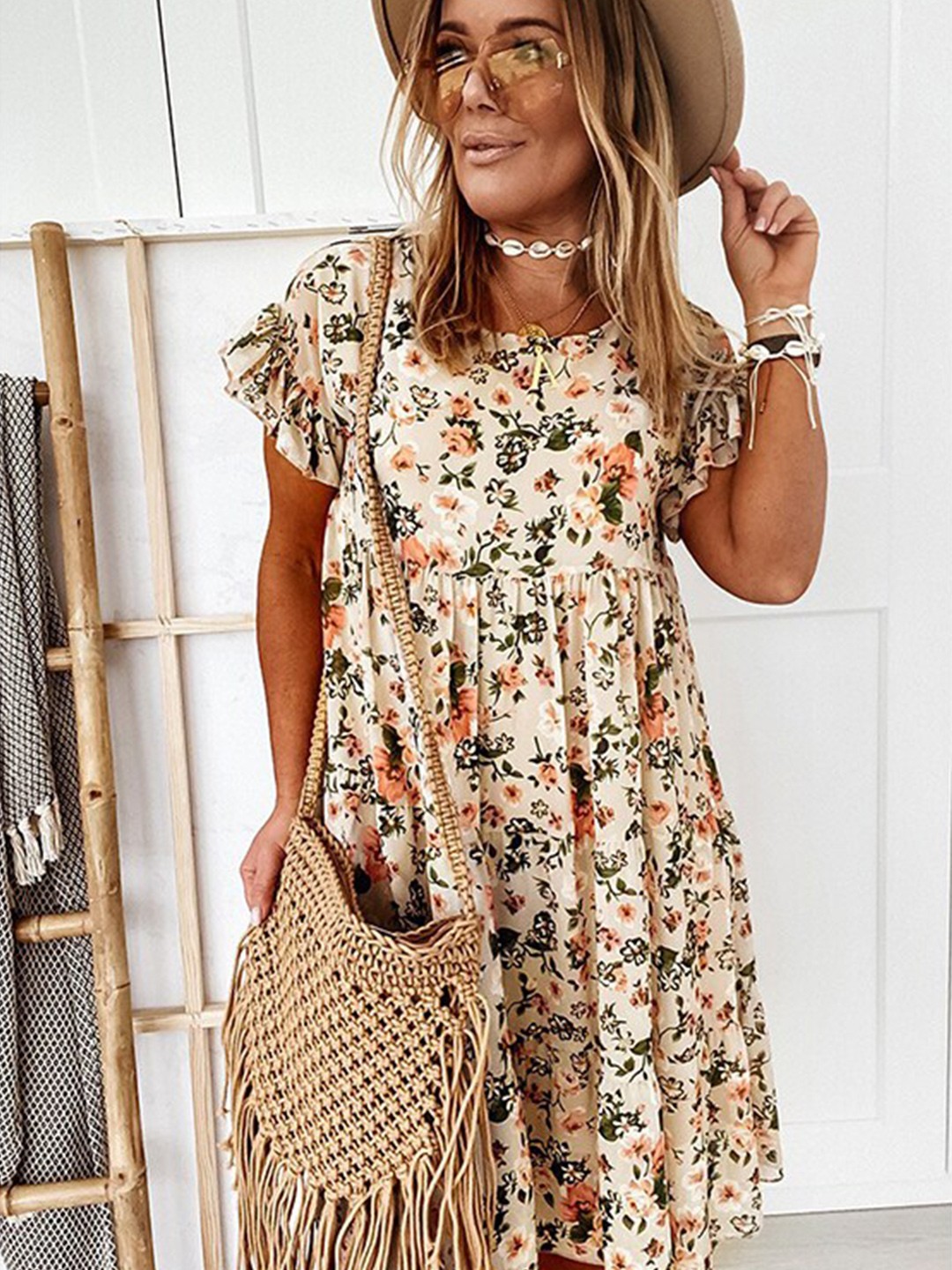 

StyleCast Round Neck Floral Print Flared Sleeve Flared Mini Dress, Beige