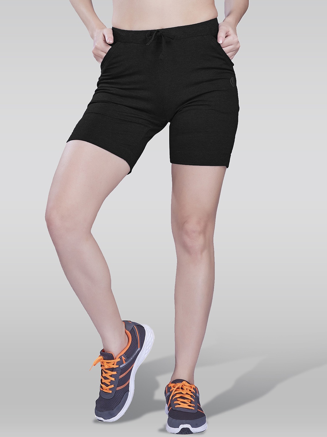 

LAASA SPORTS Women Slim Fit Mid Rise Dri-FIT Cotton Sports Shorts, Black