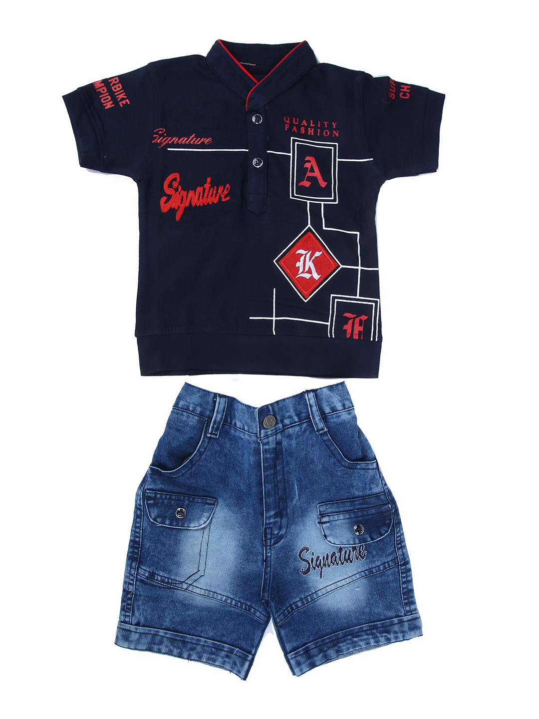 

BAESD Boys Printed Pure Cotton Polo Collar T-shirt With Denim Shorts, Navy blue