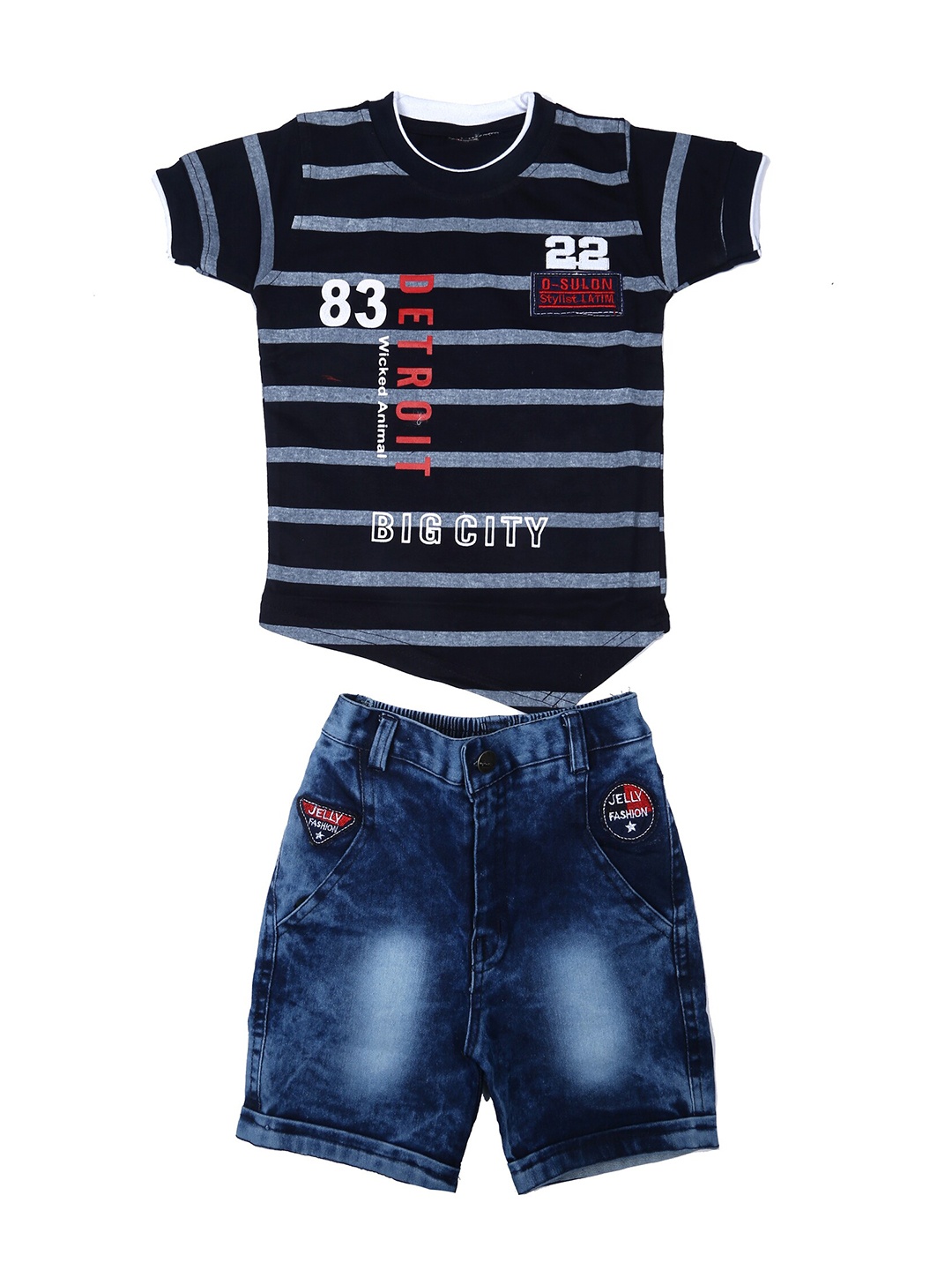 

BAESD Boys Striped Pure Cotton Round Neck T-shirt With Denim Shorts, Navy blue