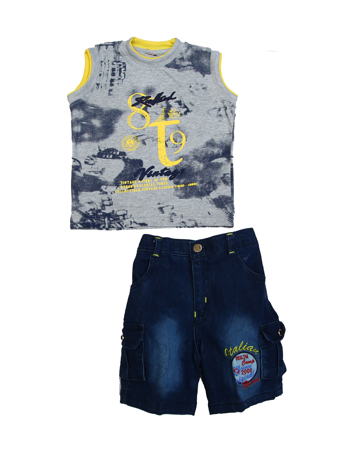 

BAESD Boys Printed Pure Cotton Round Neck Sleeveless T-Shirt With Denim Shorts, Grey