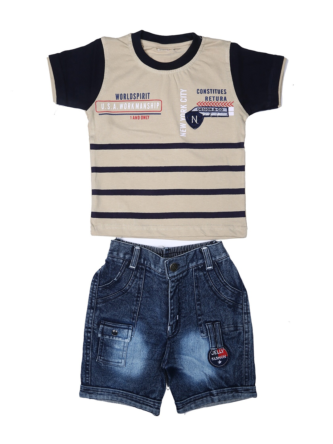 

BAESD Boys Striped Pure Cotton Round Neck T-Shirt With Denim Shorts, Beige