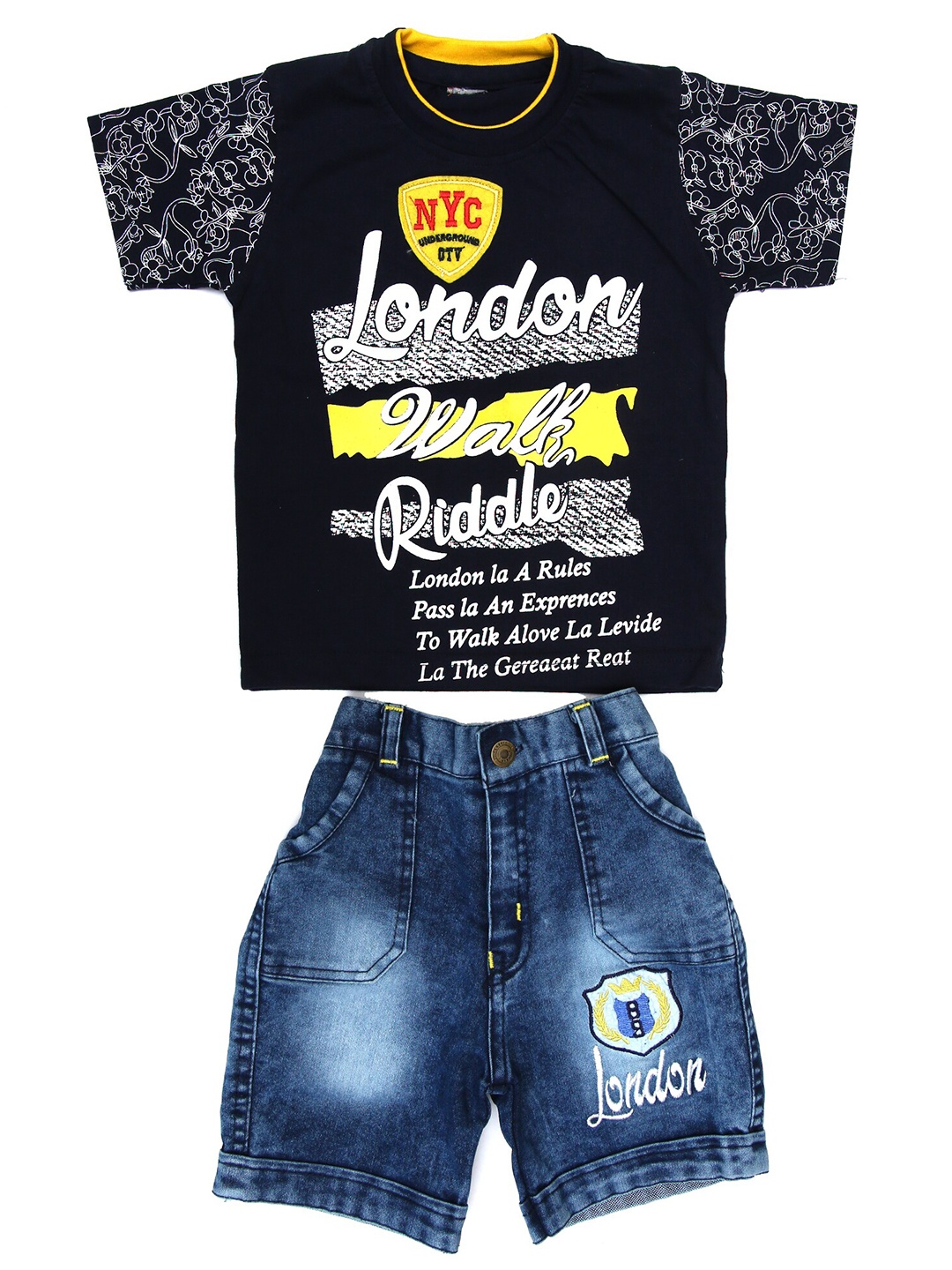 

BAESD Boys Printed Pure Cotton Round Neck T-Shirt With Denim Shorts, Navy blue