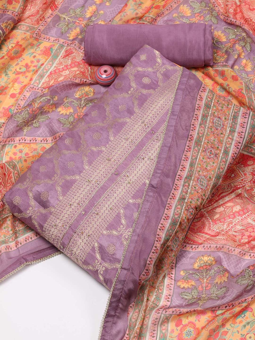 

Meena Bazaar Floral Woven Design Art Silk Unstitched Dress Material, Purple