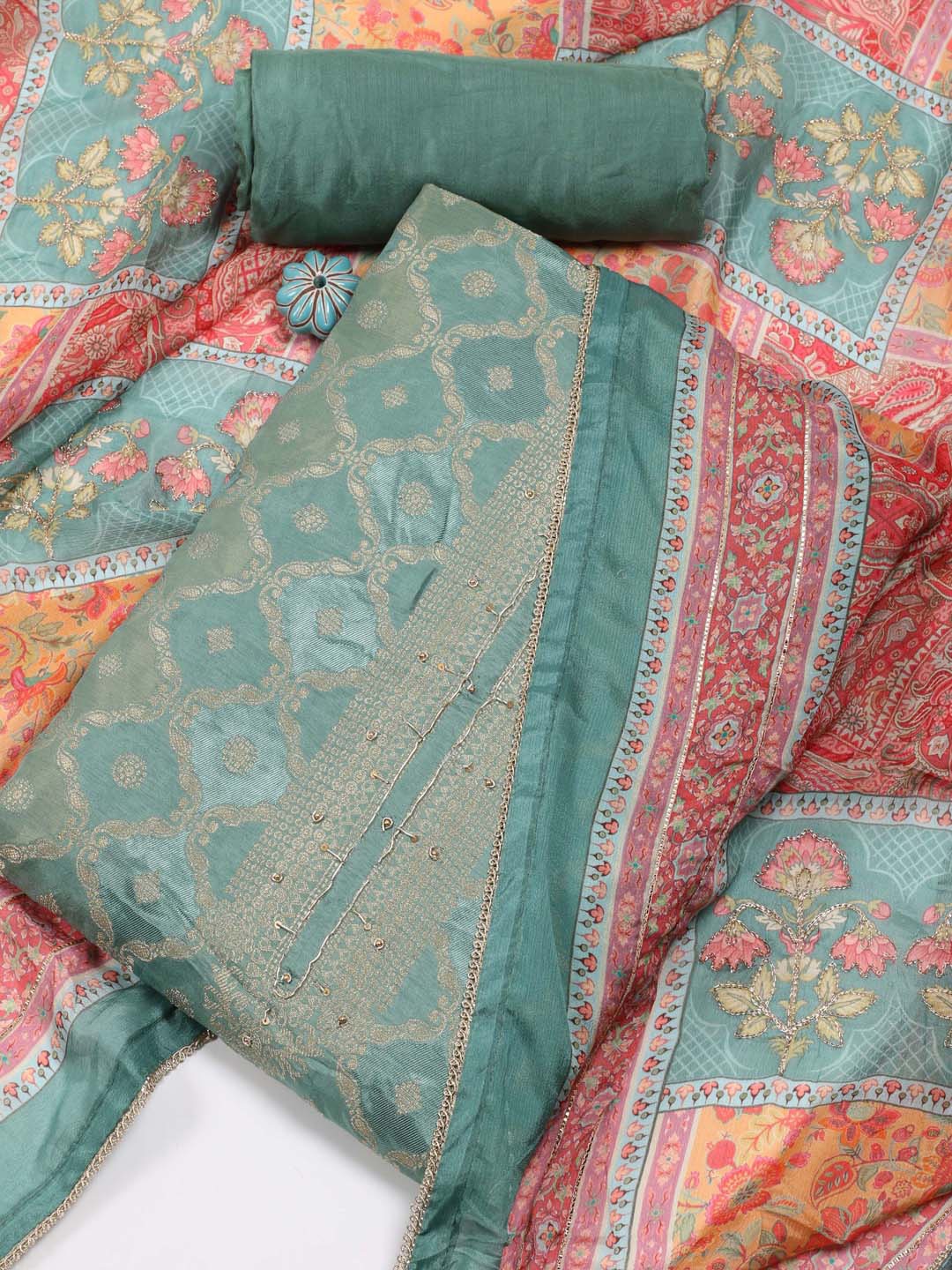 

Meena Bazaar Woven Design Art Silk Unstitched Dress Material, Sea green