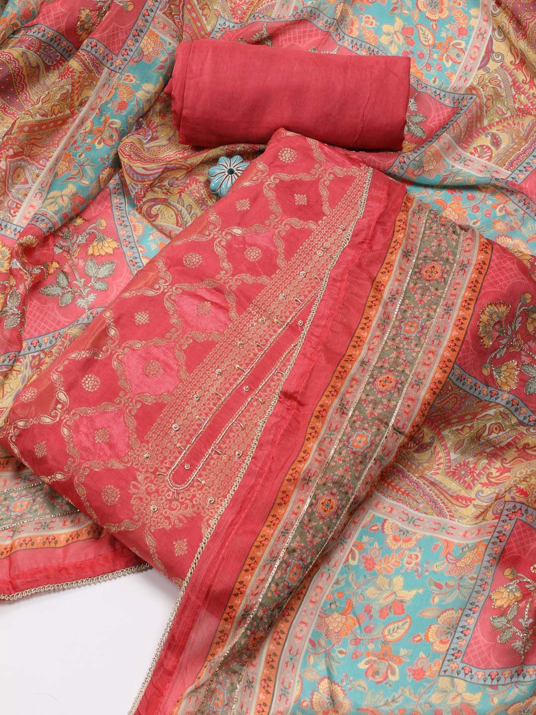 

Meena Bazaar Floral Woven Design Art Silk Unstitched Dress Material, Coral
