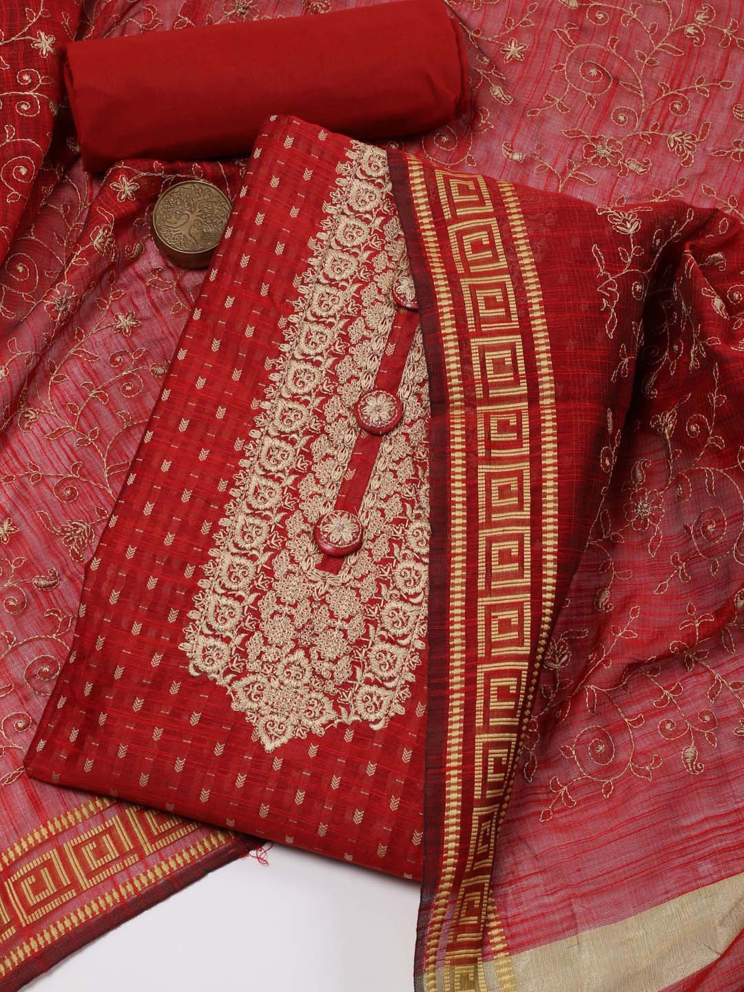 

Meena Bazaar Embroidered Art Silk Unstitched Dress Material, Red