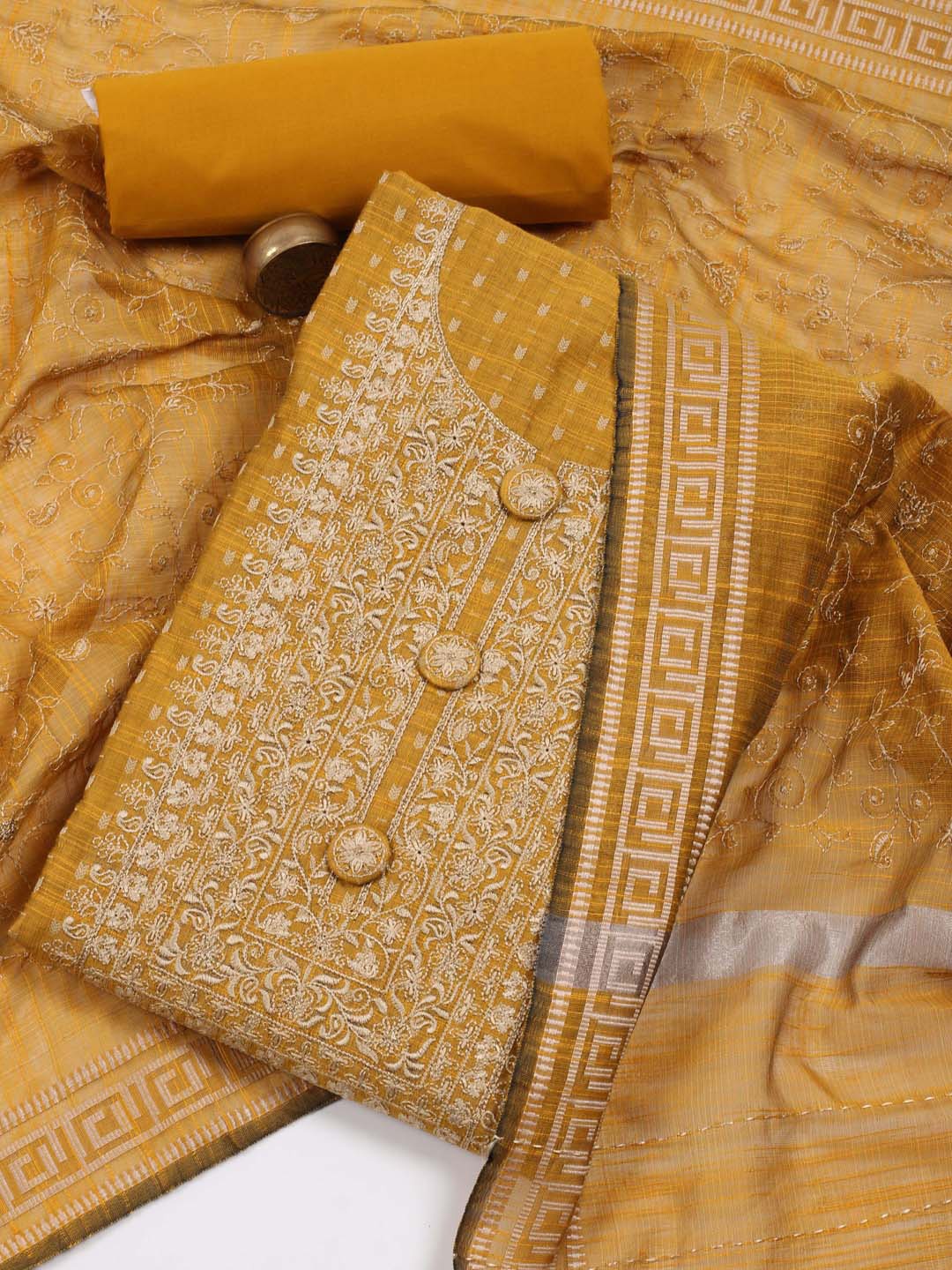 

Meena Bazaar Embroidered Art Silk Unstitched Dress Material, Mustard