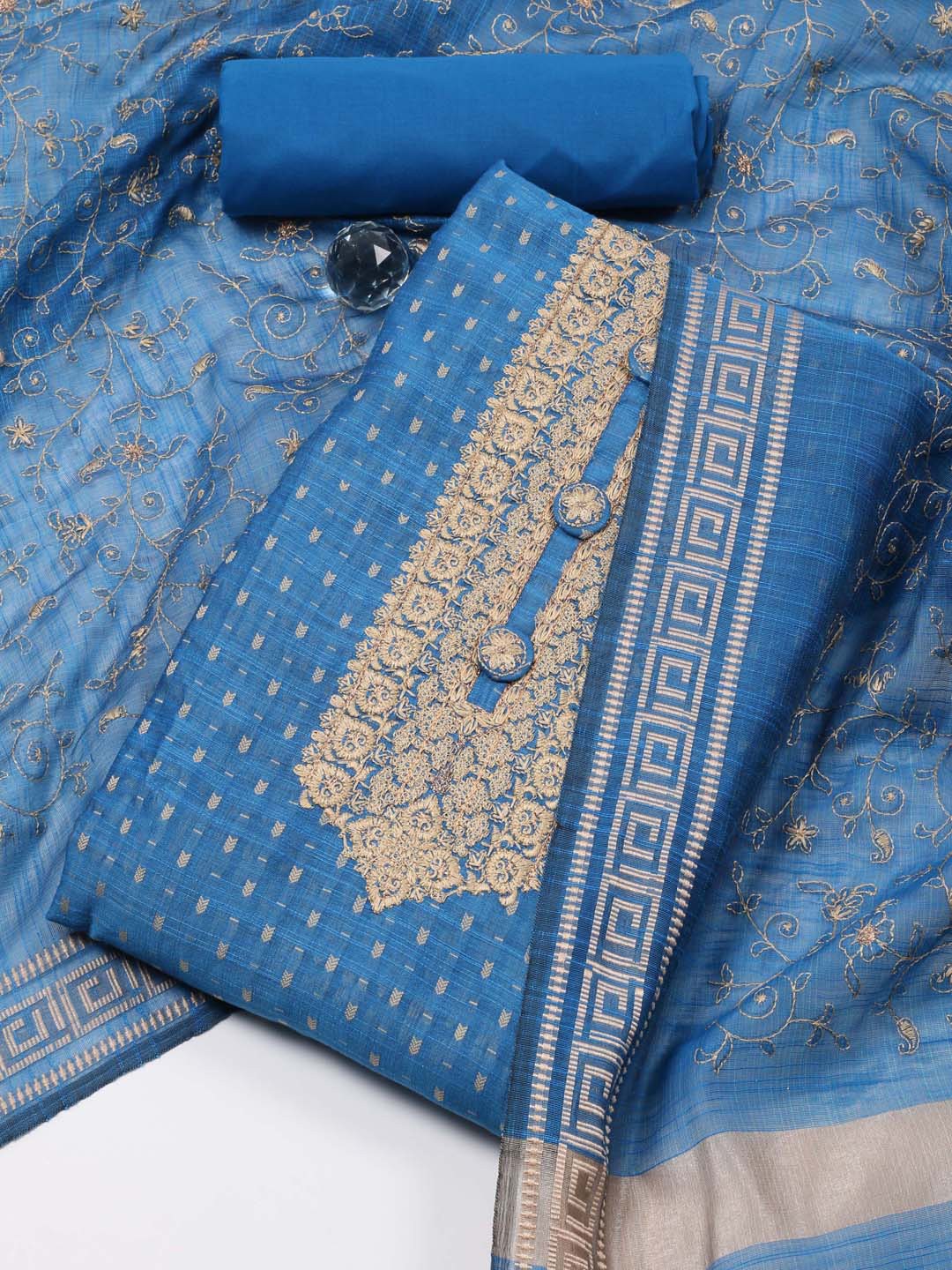 

Meena Bazaar Embroidered Art Silk Unstitched Dress Material, Blue