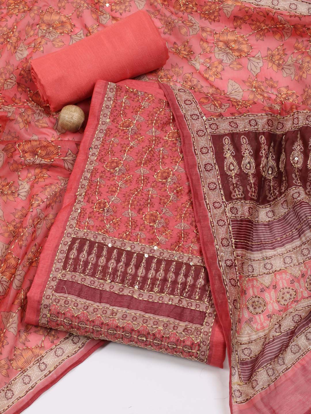 

Meena Bazaar Floral Printed Art Silk Unstitched Dress Material, Peach