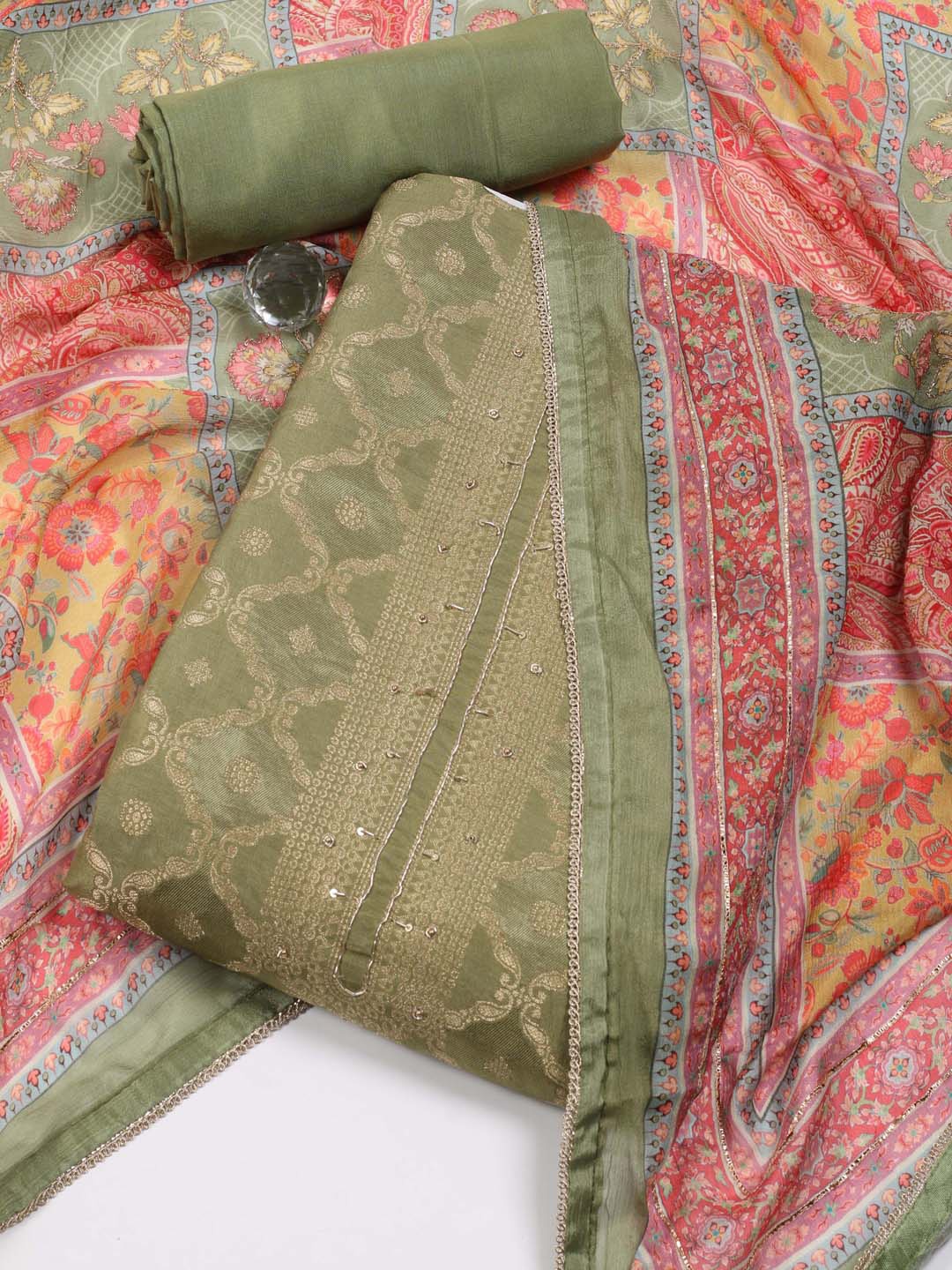 

Meena Bazaar Woven Design Art Silk Unstitched Dress Material, Green