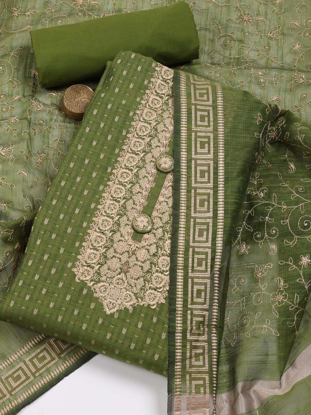 

Meena Bazaar Ethnic Motifs Embroidered Art Silk Unstitched Dress Material, Green