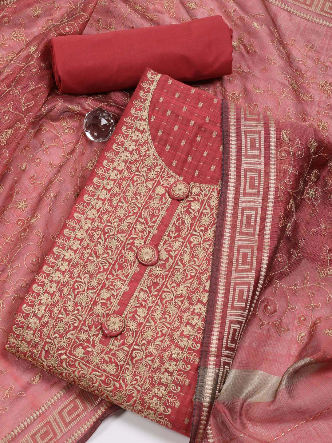 

Meena Bazaar Embroidered Art Silk Unstitched Dress Material, Coral